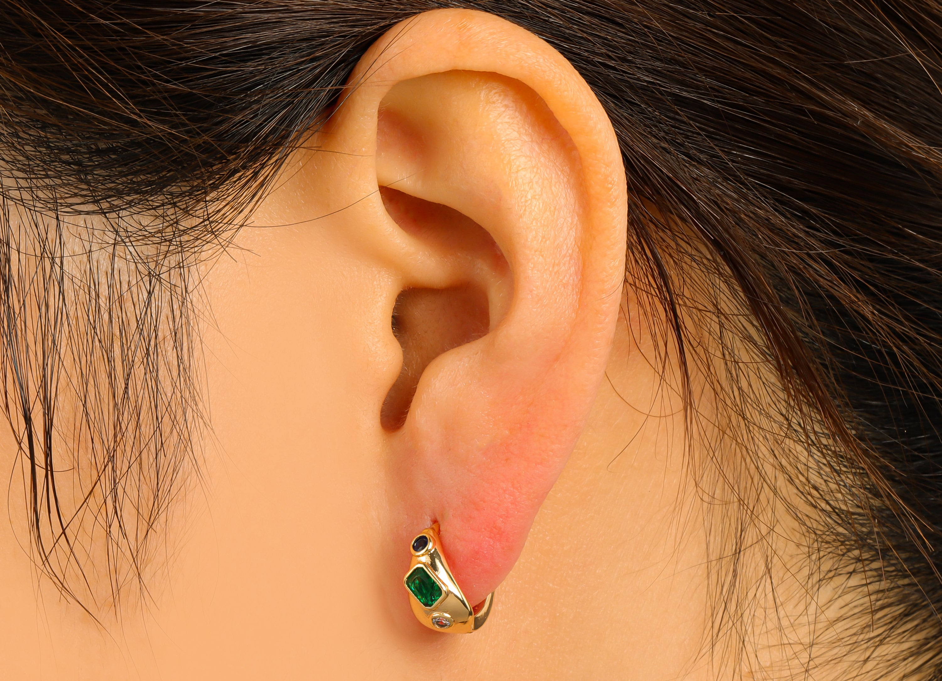 Brass Huggie Hoop Earring Clasp - Brass Green Emerald Hoop Clasp - Ring Blue Cubic Zirconia Clasp - 18K Real Gold Plated -14x13x3mm- RGP6561 - DOMEDBAZAAR
