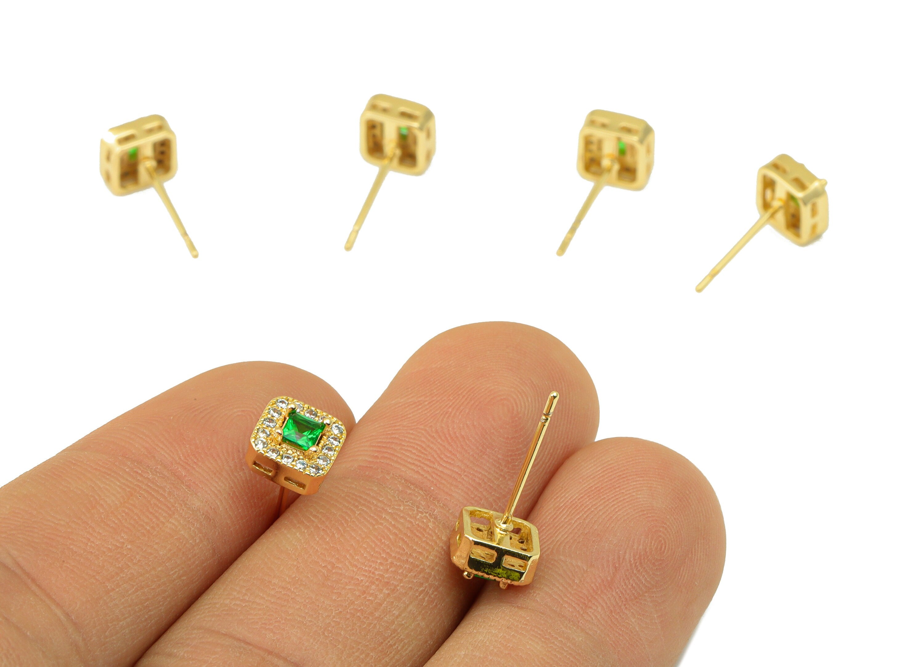 Brass Cube Earring Stud - Brass Cubic Zirconia Earring Post- Mini Square Green Cube CZ Earring Post - 18k Real Gold plated - 7x7x4mm-RGP6490 - DOMEDBAZAAR