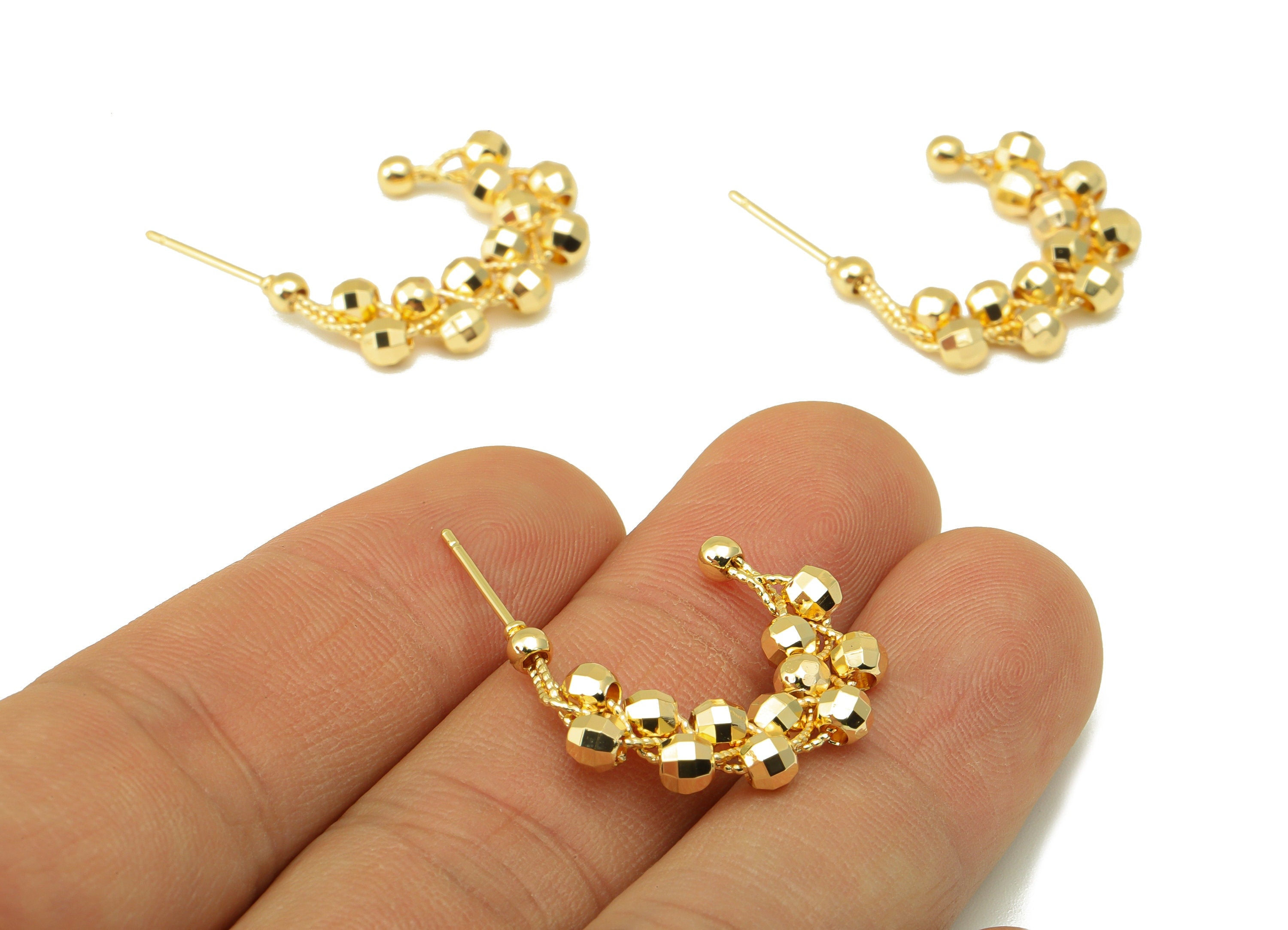 Brass Open Hoop Earring Stud - Beads Winding Chain Post - Beaded Hoop Earring - 18K Real Gold Plated - 31.56x23.07x3.65mm-RGP6504 - DOMEDBAZAAR