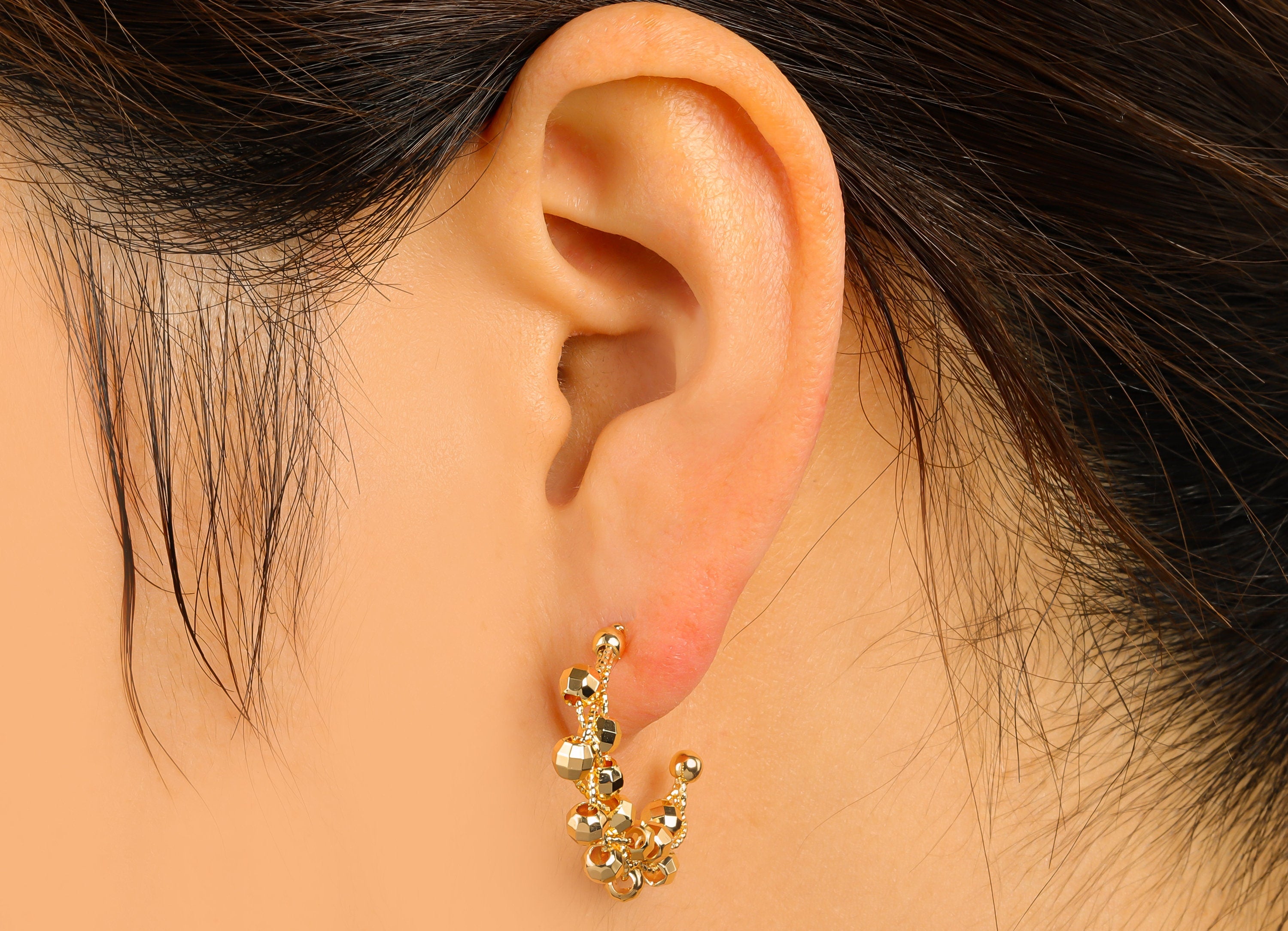 Brass Open Hoop Earring Stud - Beads Winding Chain Post - Beaded Hoop Earring - 18K Real Gold Plated - 31.56x23.07x3.65mm-RGP6504 - DOMEDBAZAAR