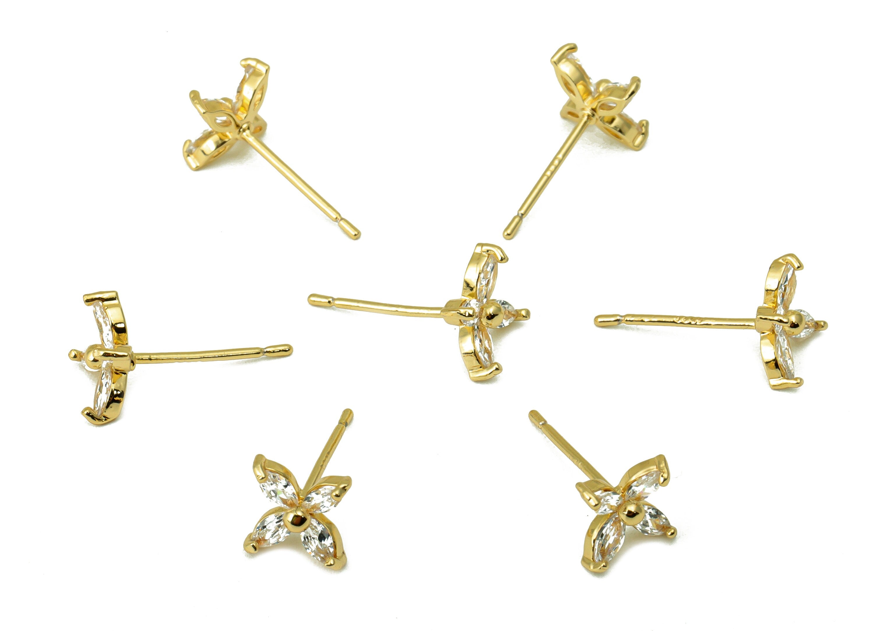Brass Flower Earring Stud - Brass CZ Marquise Post - Cubic Zircon Earring Post - Earring Post -18K Real Gold Plated -7.23x7.2x1.64mm-RGP6520 - DOMEDBAZAAR
