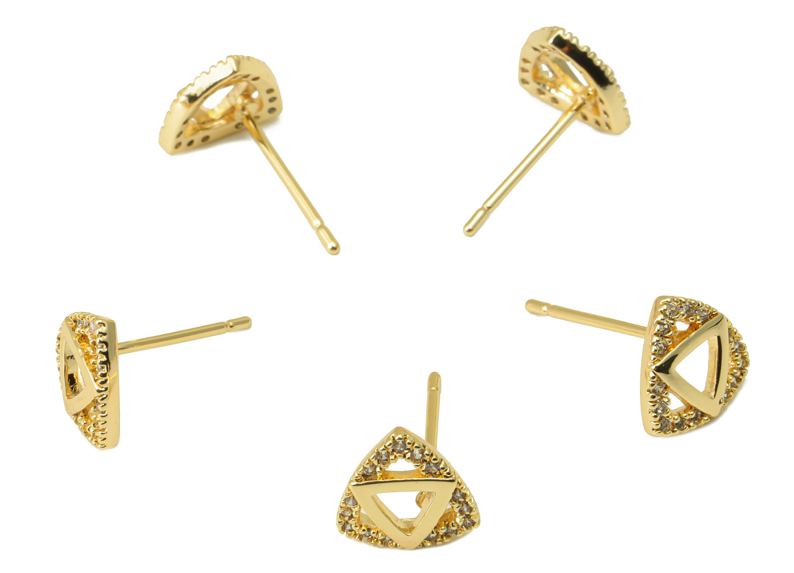 Brass Triangle Earring Stud - Brass CZ Geometry Post - Cubic Zircon Earring Post - Earring Post -18K Real Gold Plated -8.4x8x1.92mm-RGP6491 - DOMEDBAZAAR