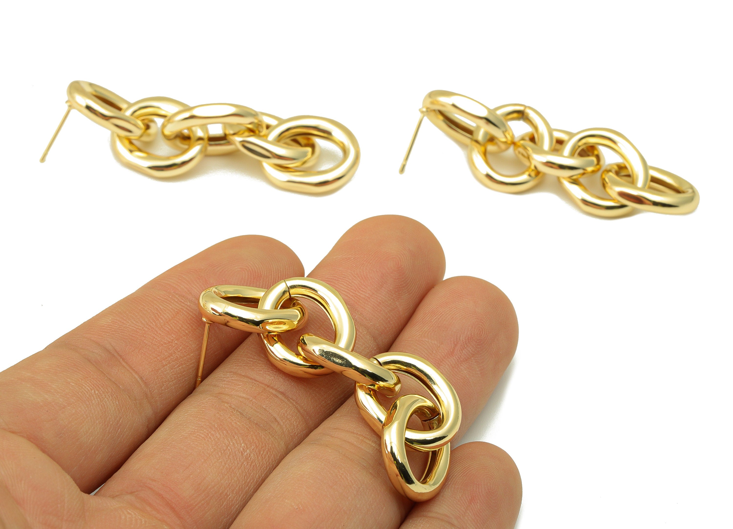 Brass Oval Earring Stud - Brass Ellipse Post - Hanging Oval Earring Post -Cable Chain Dangle Earring -18K Real Gold Plated-62x13x3mm-RGP6481 - DOMEDBAZAAR