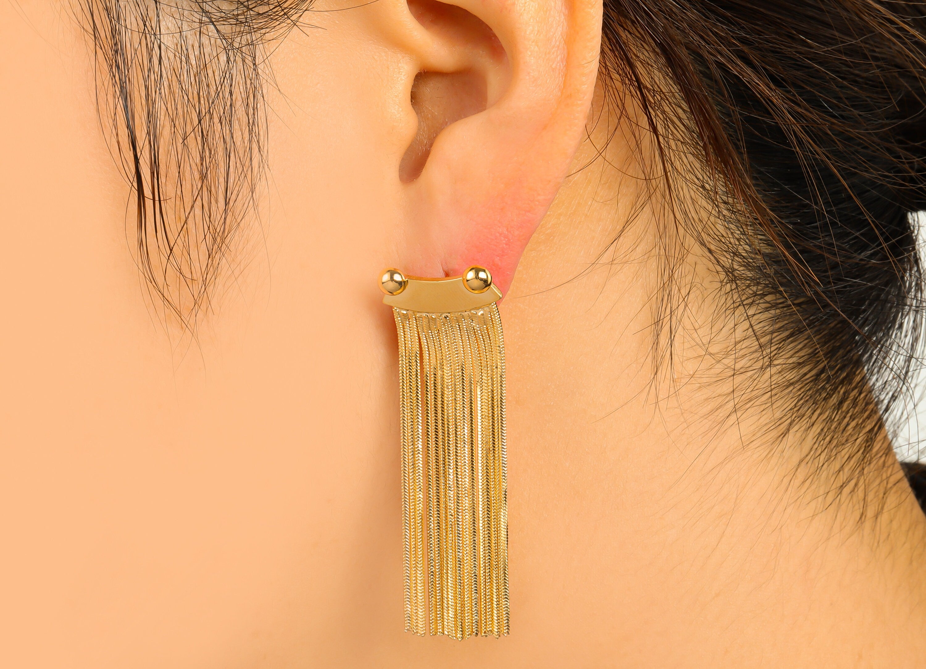 Brass Frog Earring Stud - Tassel Earring Post - Bead Earring Post - Snake Chain Dangle Earring -18K Real Gold Plated - 52x17x1mm - RGP6486 - DOMEDBAZAAR