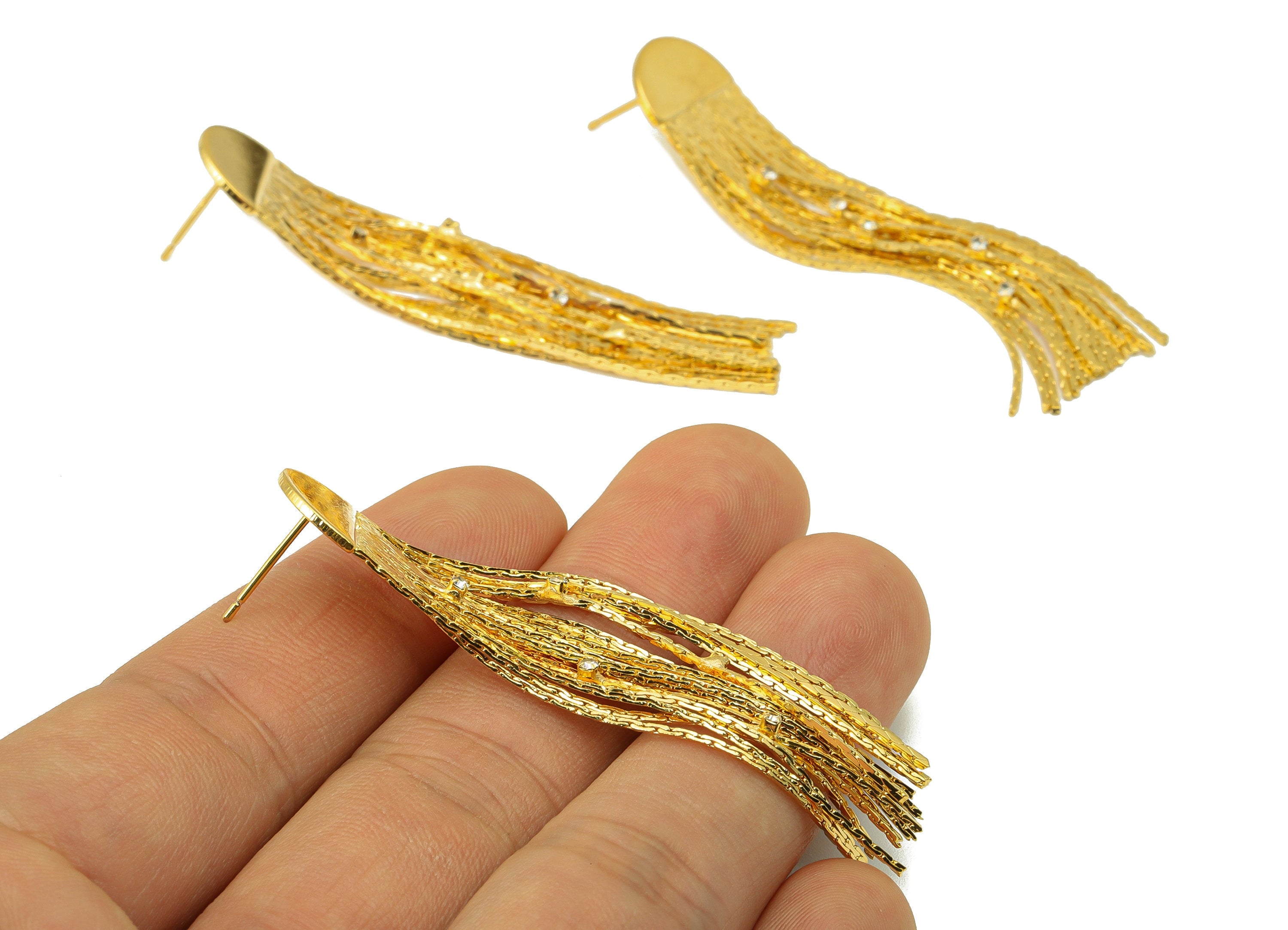 Brass Half Round Earring Stud - Brass Tassel Earring Post - Snake Chain Dangle Earring -18K Real Gold Plated - 63x14x1.05mm- RGP6485 - DOMEDBAZAAR
