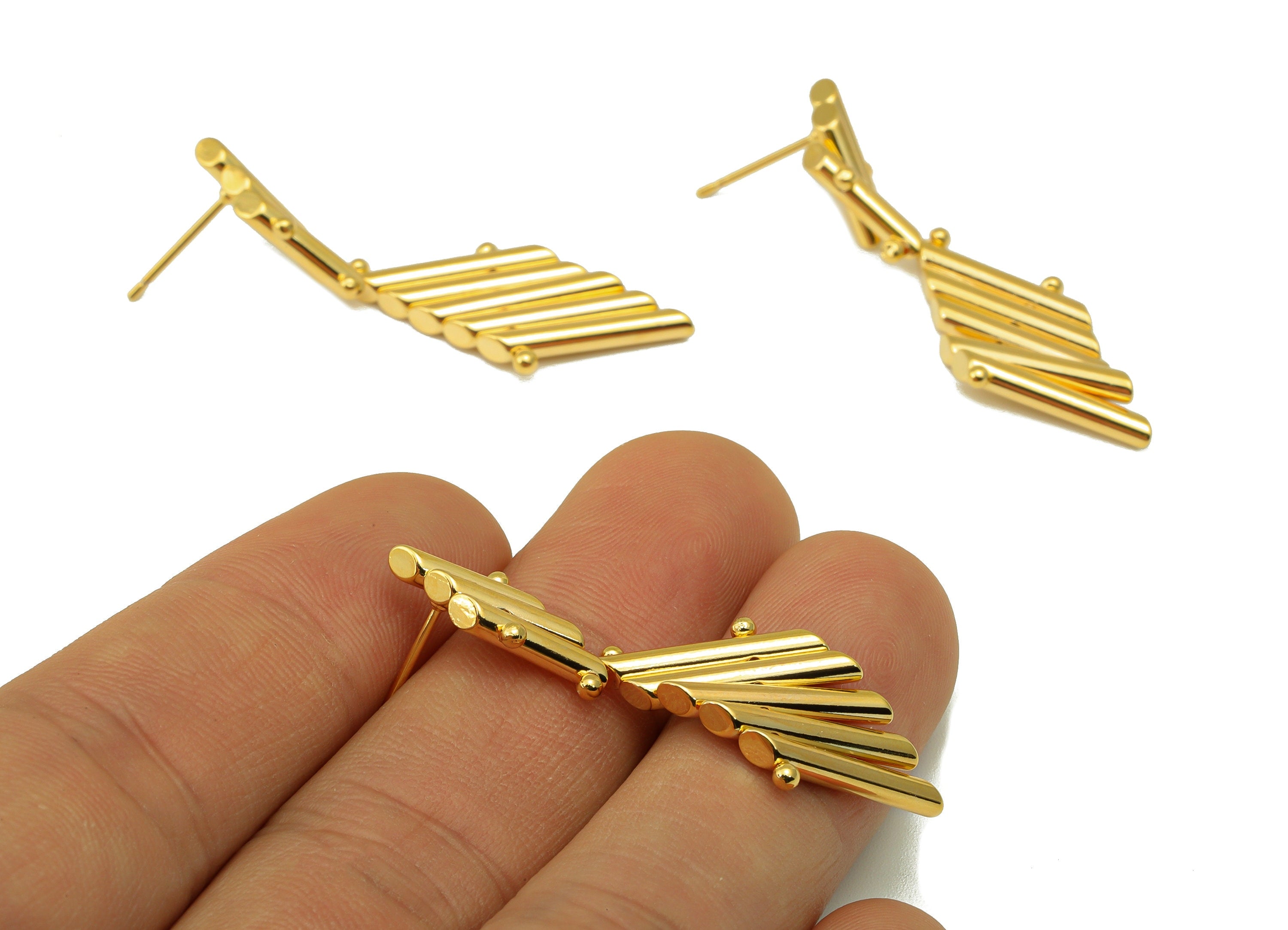 Brass Bar Earring Stud - Brass Long Bar Post - Brass Hanging Pan Flute Dangle Earring Post- 18K Real Gold Plated -39.72x15.54x2.56mm-RGP6542 - DOMEDBAZAAR