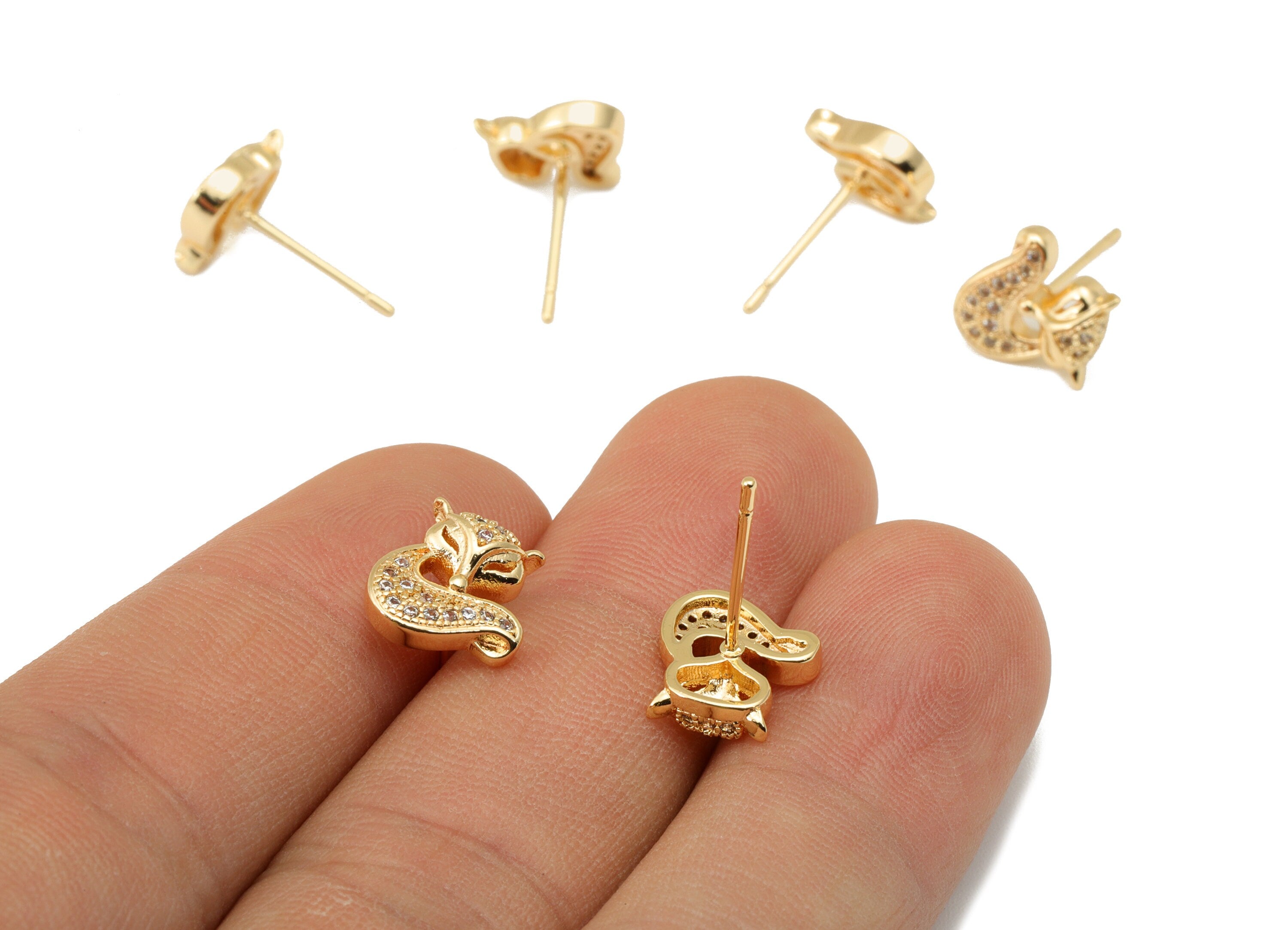 Brass Fox Earring Stud - Brass Snow Fox Cubic Zircon Post - CZ Animal Earring Post- 18K Real Gold Plated - 10.05x9.74x3.21mm-RGP6483 - DOMEDBAZAAR