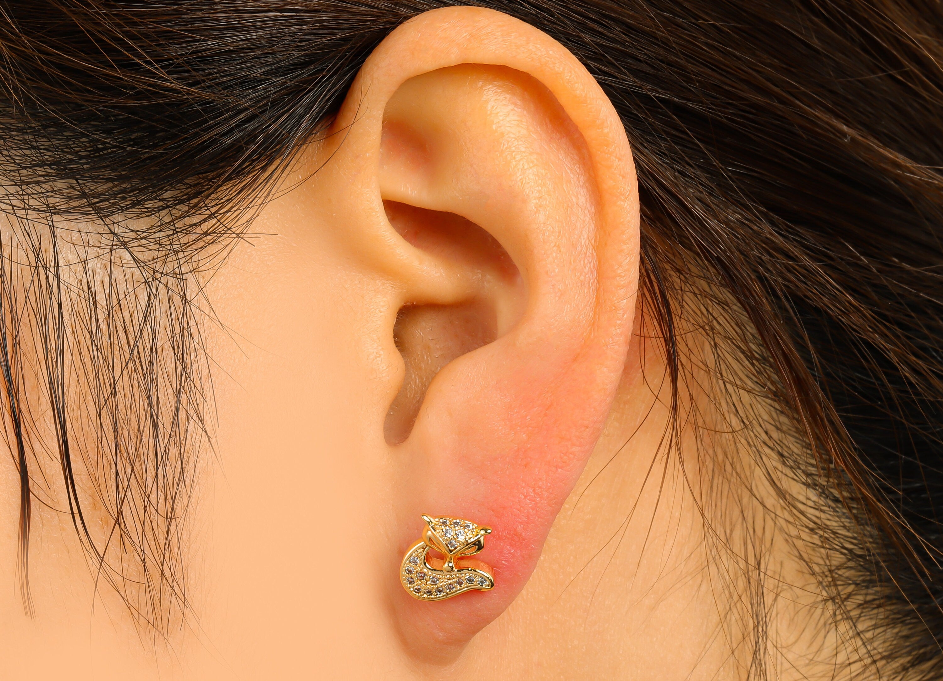 Brass Fox Earring Stud - Brass Snow Fox Cubic Zircon Post - CZ Animal Earring Post- 18K Real Gold Plated - 10.05x9.74x3.21mm-RGP6483 - DOMEDBAZAAR