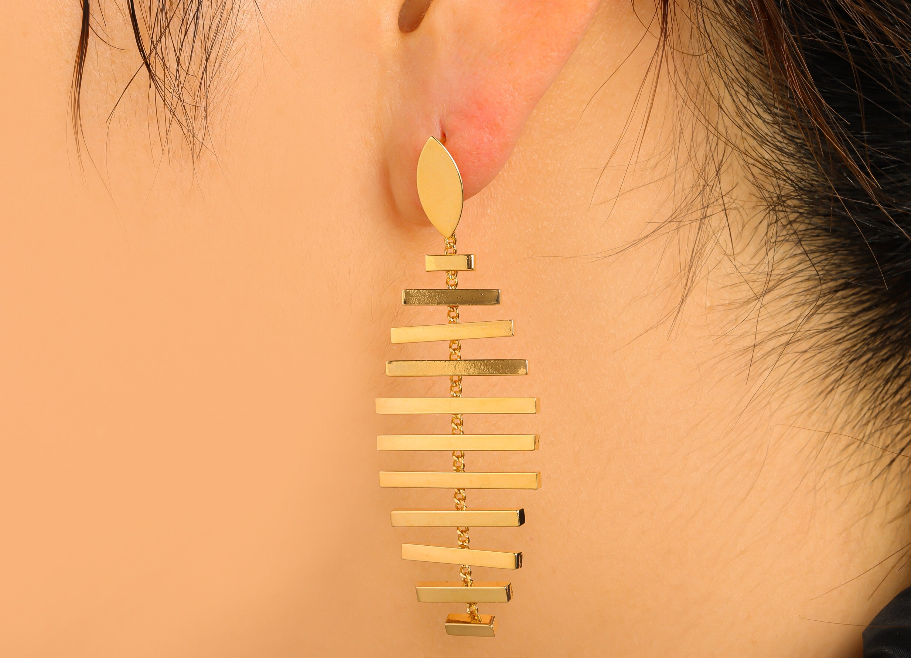 Brass Rectangular Earring Stud - Bar Chain Dangle Earring Post - Marquise Hanging Earring Post - 18K Real Gold Plated - 60x20x2mm-RGP6541 - DOMEDBAZAAR