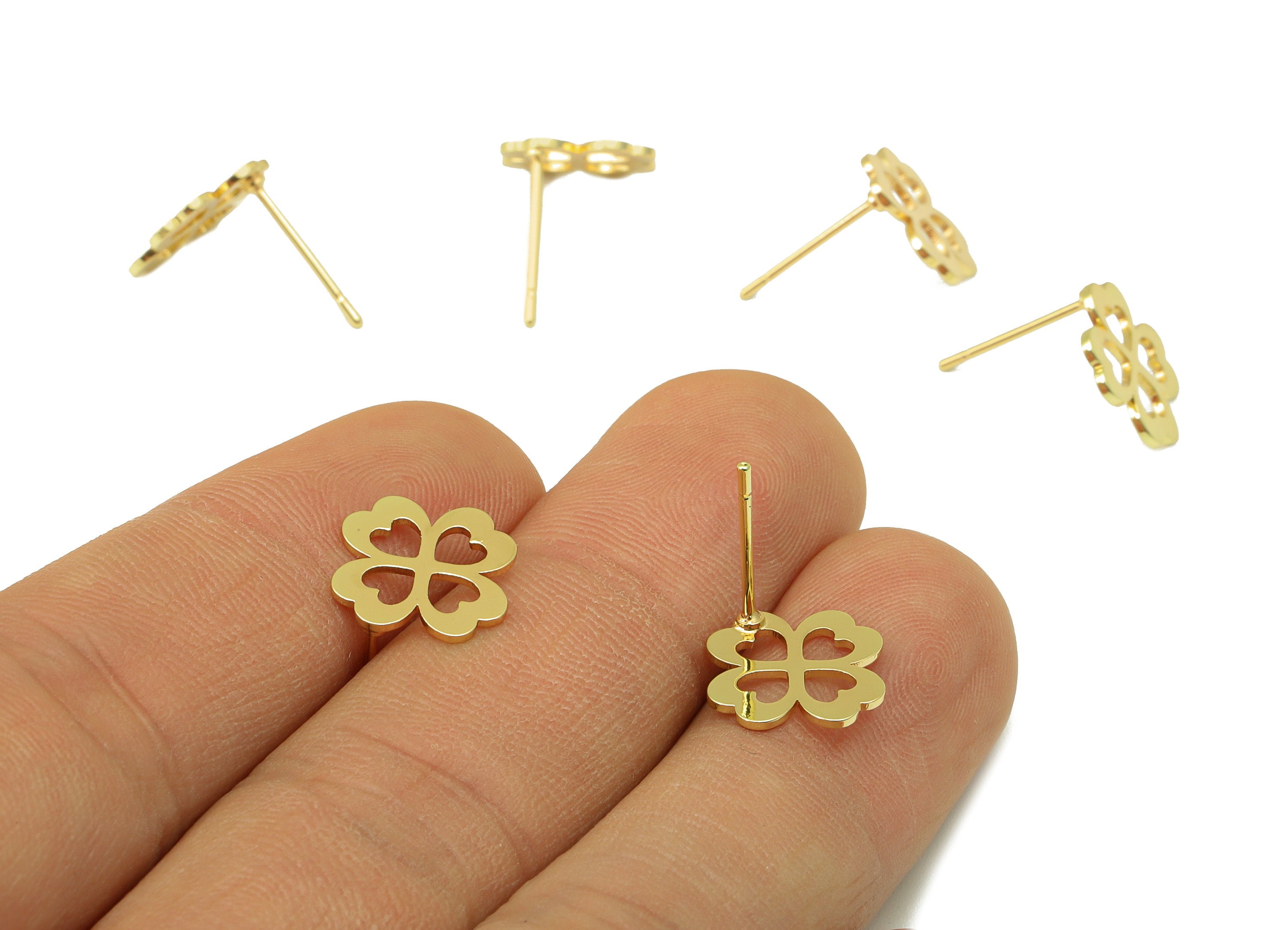 Brass Flower Earring Stud - Brass Heart Earring Post - Botanical Hollow - Gold Clover Earring- 18K Real Gold Plated - 12x12x1mm-RGP6581G - DOMEDBAZAAR
