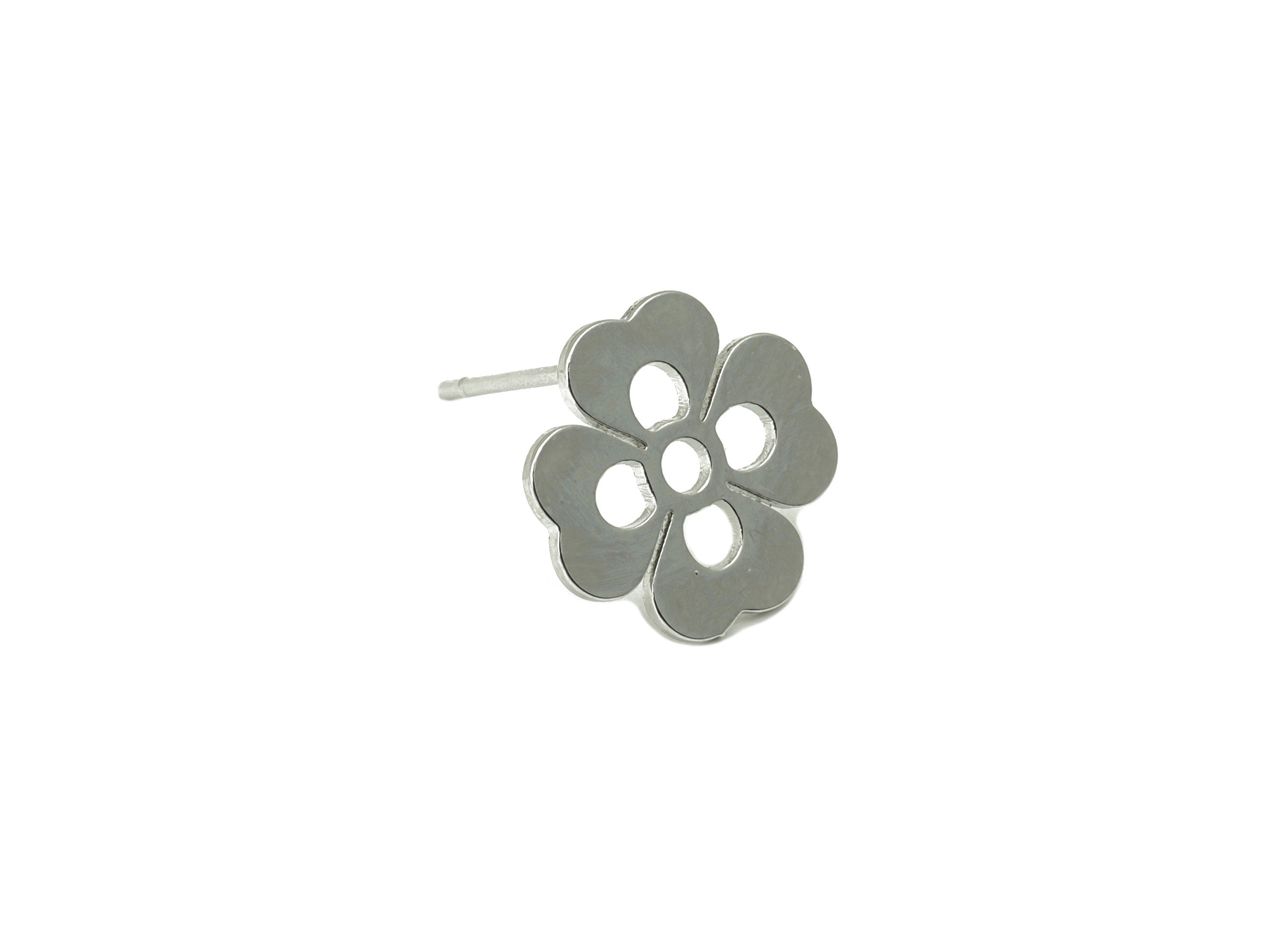 Brass Heart Earring Stud - Brass Flower Earring Post - Silver Clover Earring Post - 18K Real White Gold Plated -11.39x11.39x1mm-RGP6582S - DOMEDBAZAAR