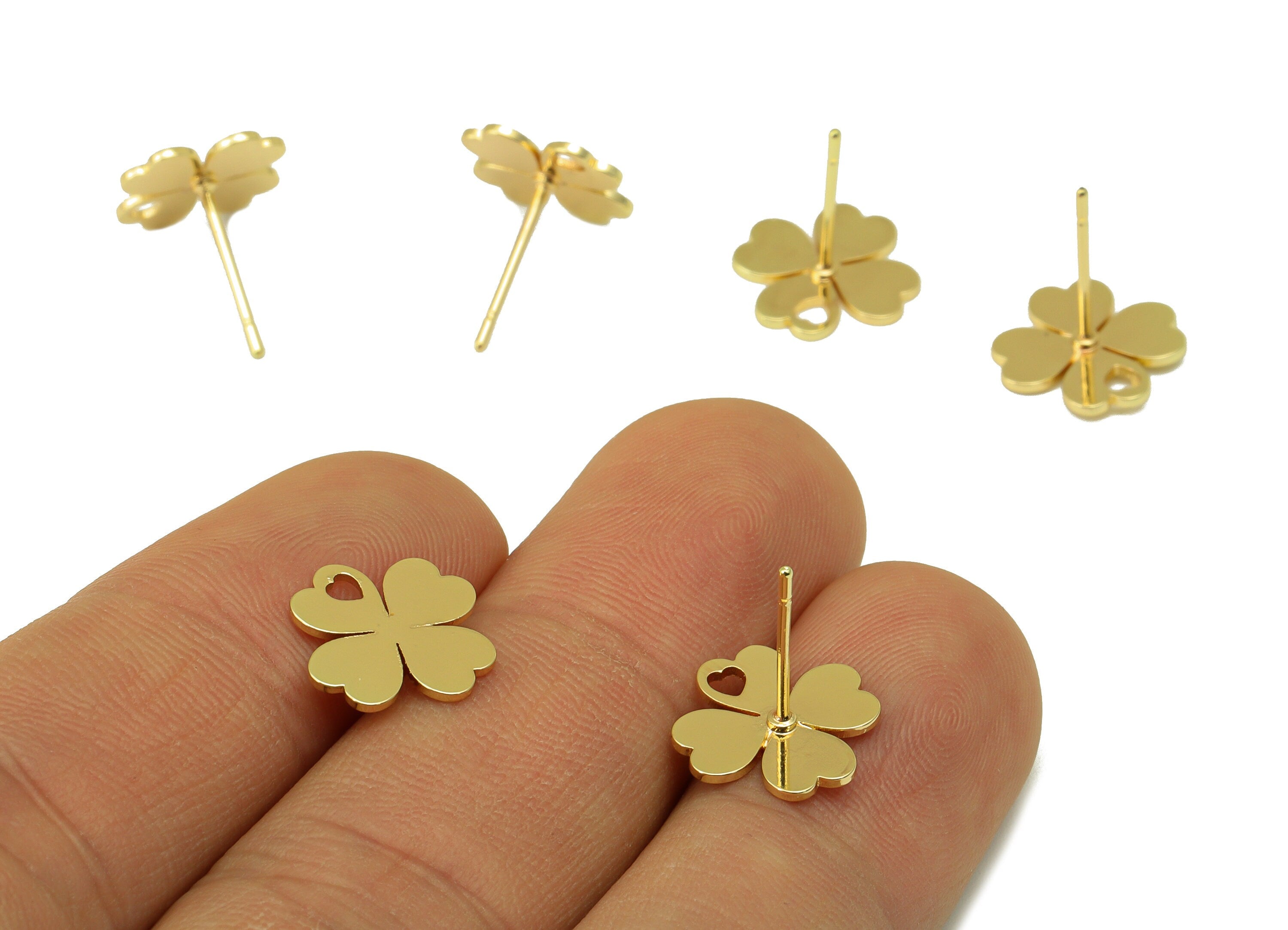 Brass Heart Earring Stud - Heart Earring Post With Hole - Four Leaf Clover - Gold Clover Earring- 18K Real Gold Plated - 11x11x1mm-RGP6584G - DOMEDBAZAAR