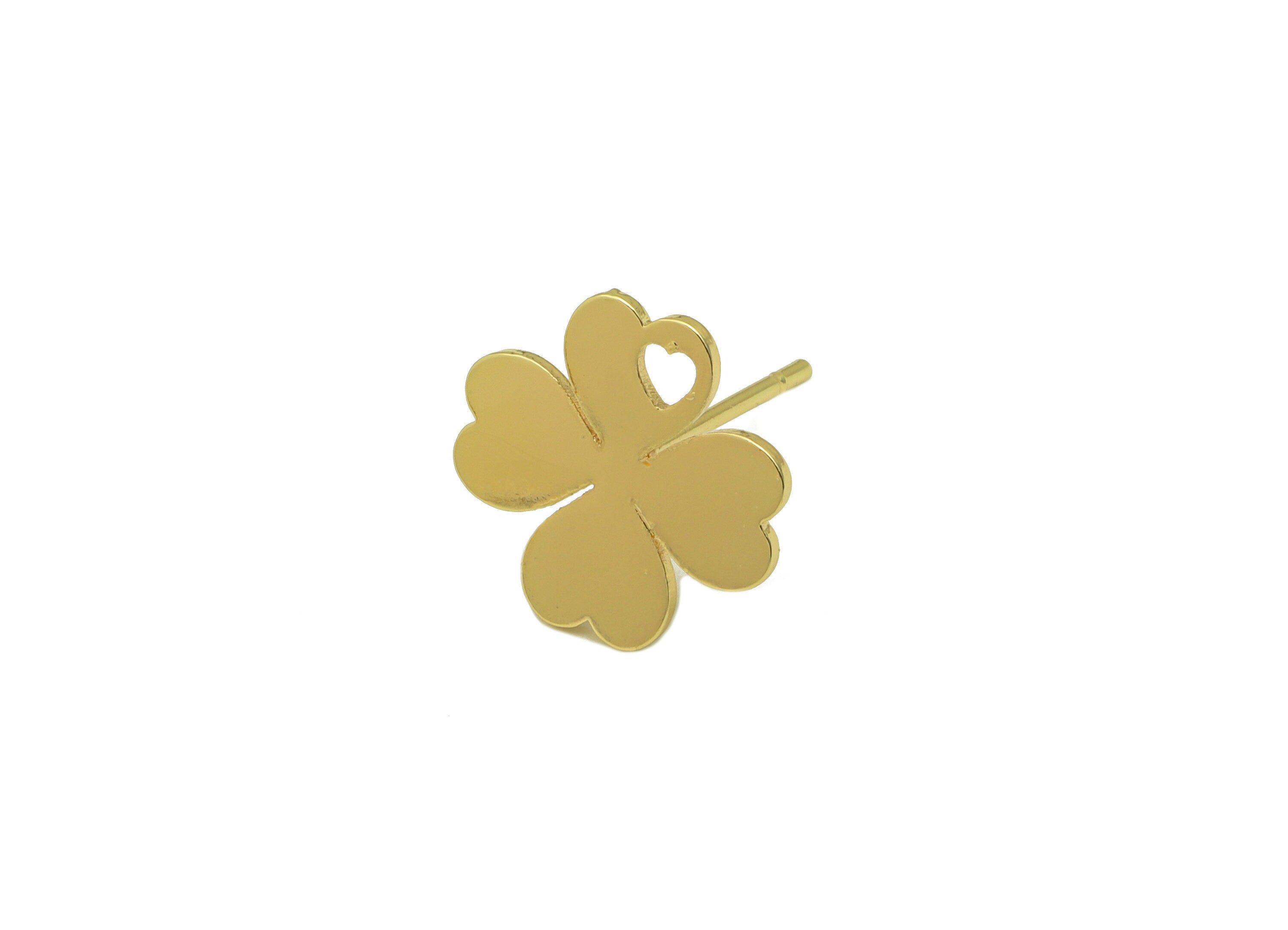 Brass Heart Earring Stud - Heart Earring Post With Hole - Four Leaf Clover - Gold Clover Earring- 18K Real Gold Plated - 11x11x1mm-RGP6584G - DOMEDBAZAAR