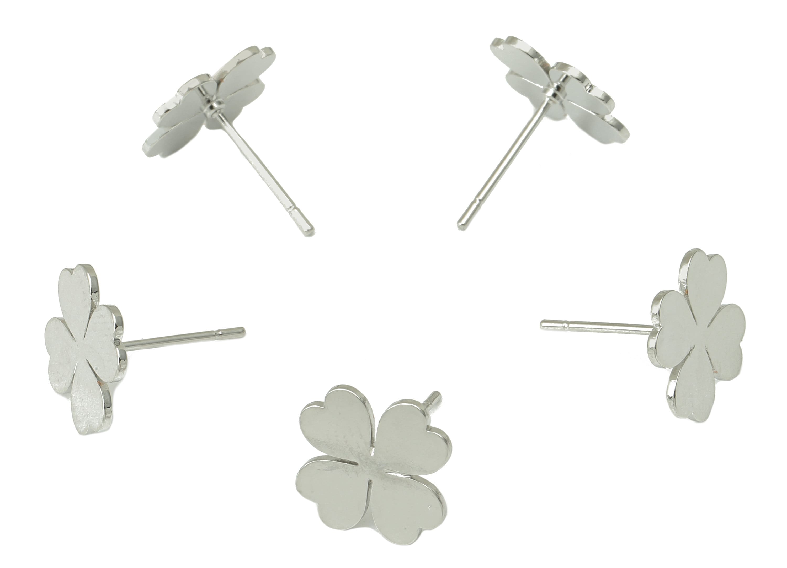 Brass Heart Earring Stud - Heart Earring Post - Four Leaf Clover - Silver Clover Earring -18K Real White Gold Plated- 11x11x1mm-RGP6585S - DOMEDBAZAAR