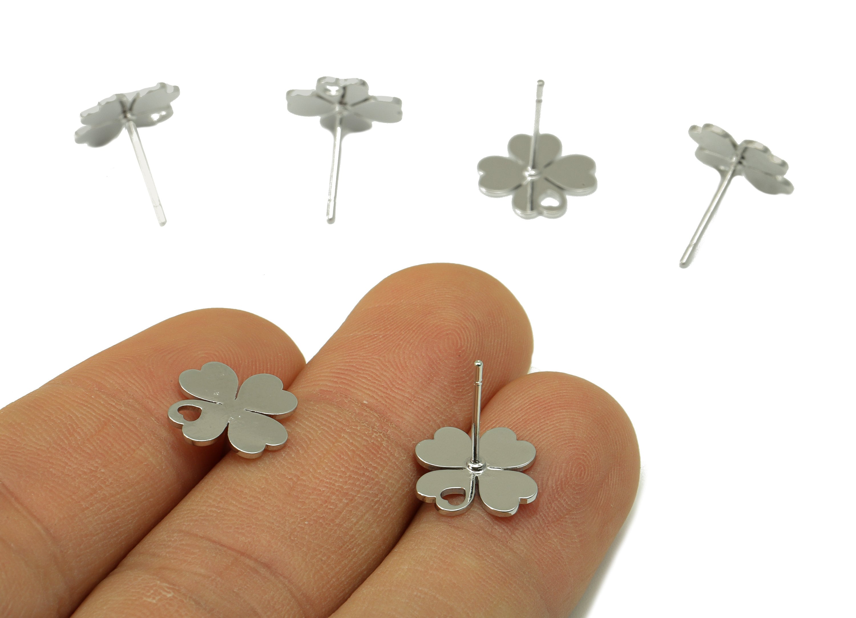 Brass Heart Earring Stud - Earring Post With Hole - Four Leaf Clover - Silver Clover Earring -18K Real White Gold Plated- 11x11x1mm-RGP6584S - DOMEDBAZAAR