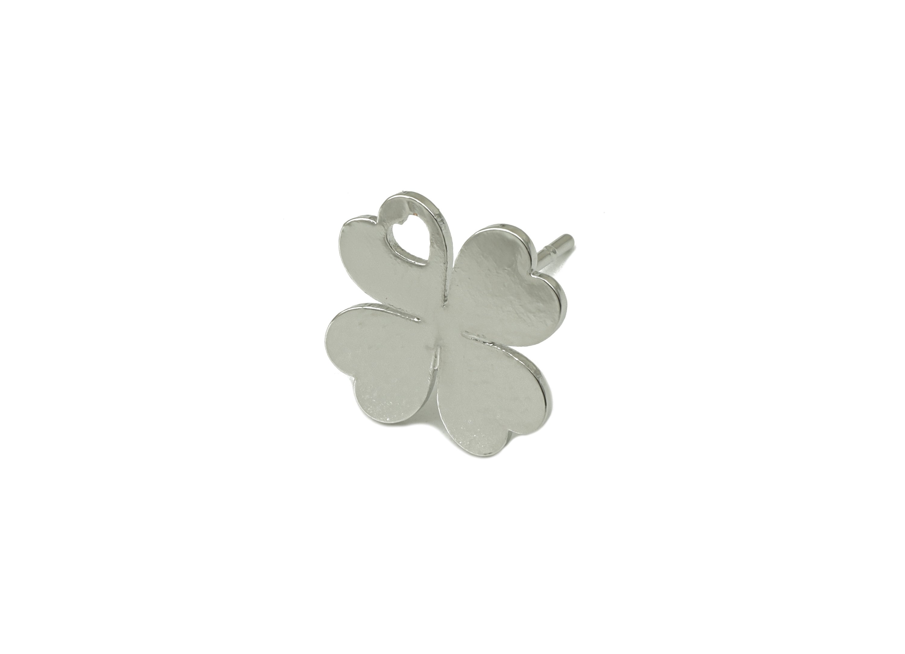 Brass Heart Earring Stud - Earring Post With Hole - Four Leaf Clover - Silver Clover Earring -18K Real White Gold Plated- 11x11x1mm-RGP6584S - DOMEDBAZAAR