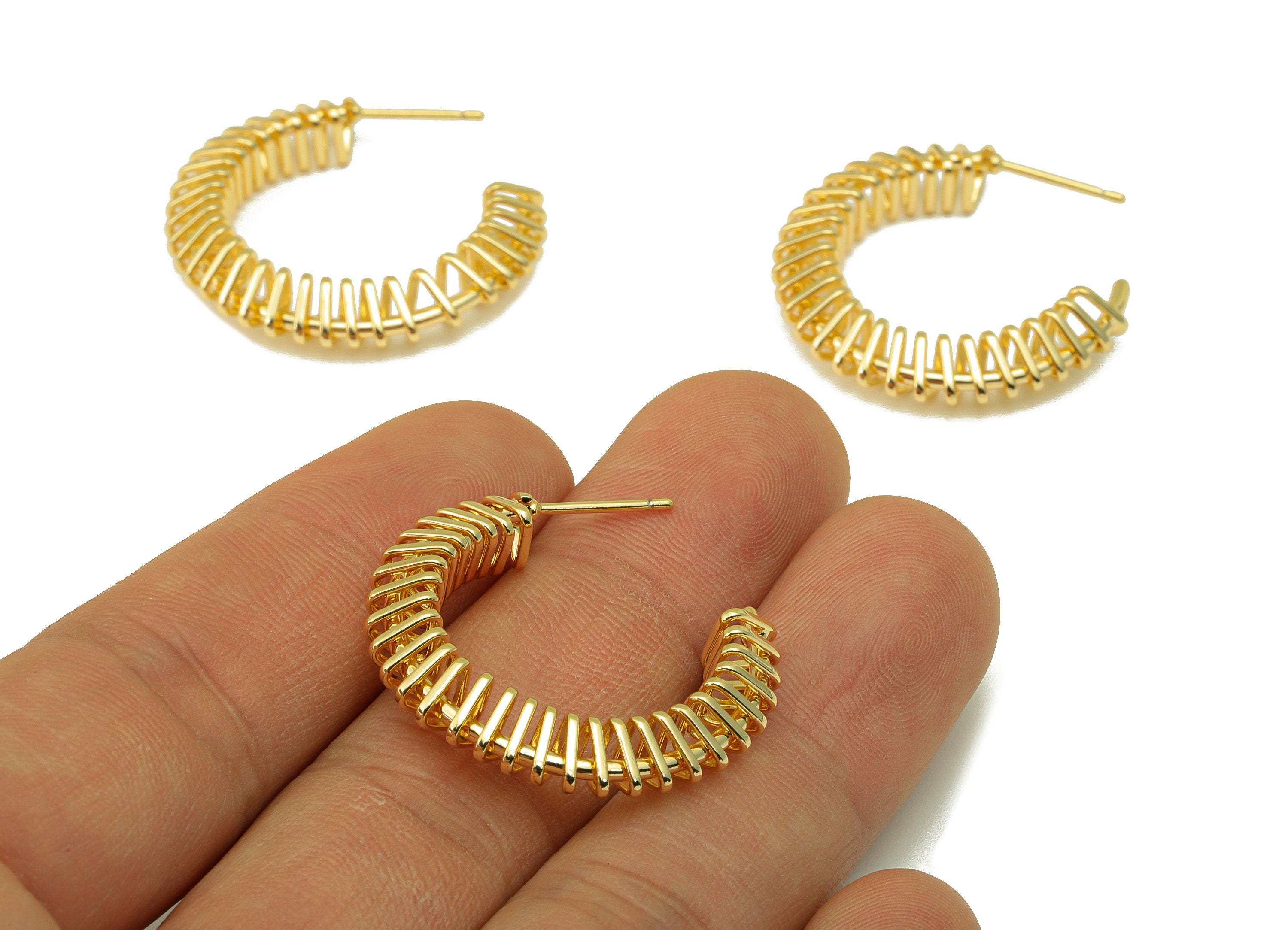 Brass Hoop C Earring Stud – Brass Open Hoop Post -Triangle Spiral Stud - Earring Hoop Post - 18k real gold-plated -31x30x5.72mm- RGP6502 - DOMEDBAZAAR
