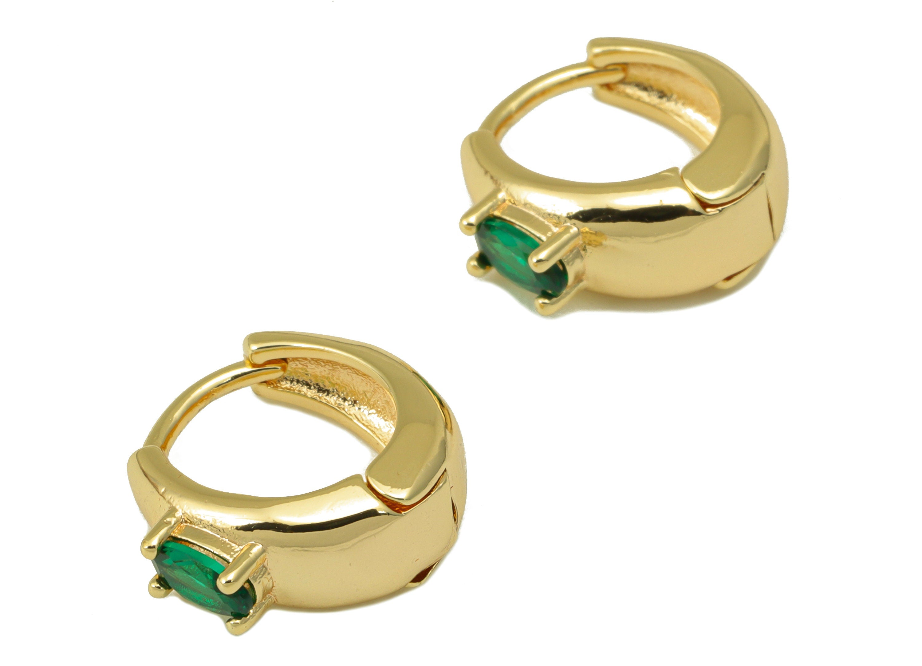 Brass Huggie Hoop Earring Clasp - Brass Green Ellipse Hoop Clasp - Ring Oval Cubic Zirconia Clasp - 18K Real Gold Plated -13x14x3mm- RGP6528 - DOMEDBAZAAR