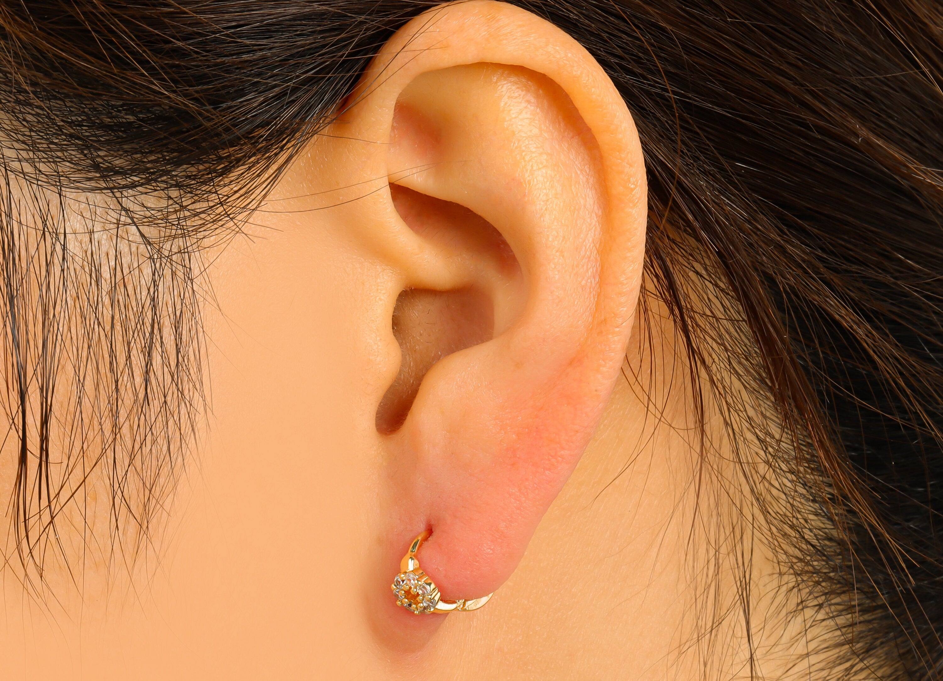 Brass Hoop Earring Clasp - Brass Flower Hoop Clasp - Ring Flower Cubic Zirconia Clasp - Huggie Clasp -18K Real Gold Plated-10x8x2mm-RGP6547 - DOMEDBAZAAR
