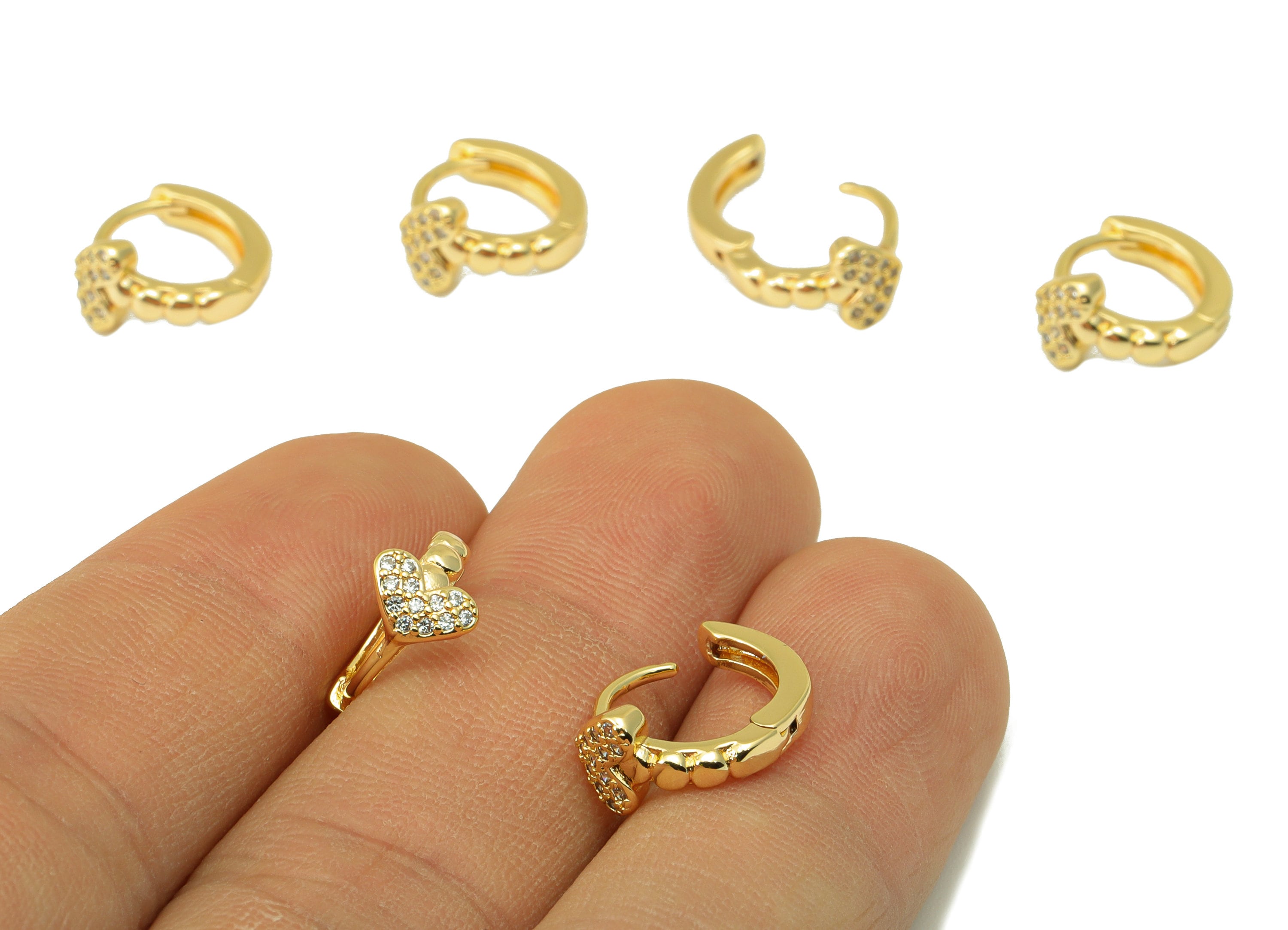 Brass Hoop Earring Clasp - Brass Heart Clasp -Mini Ring Cubic Zirconia Clasp -Heart Huggie Clasp-18K Real Gold Plated-12x11x2.28mm -RGP6525 - DOMEDBAZAAR