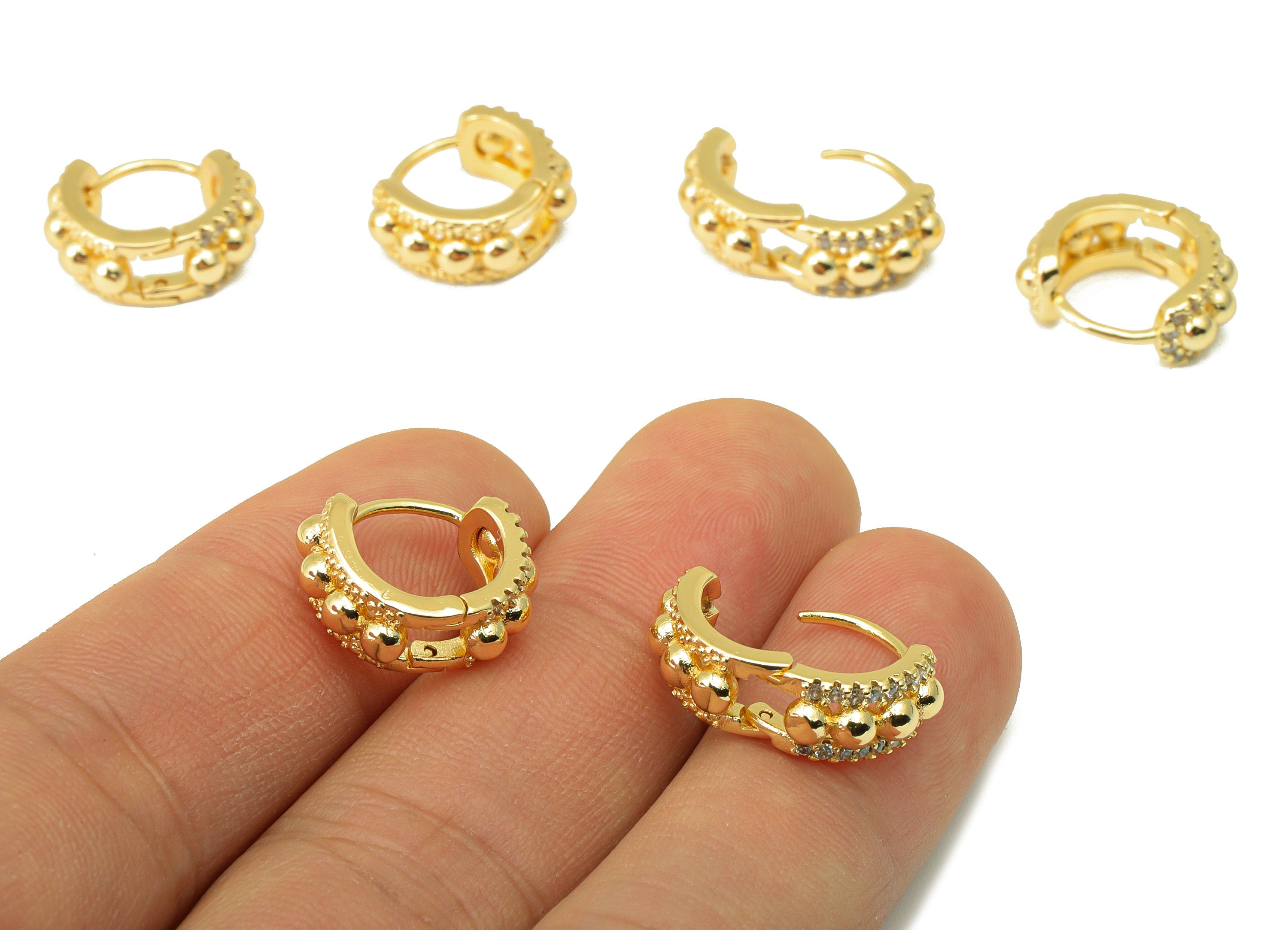 Brass Hoop Earring Clasp - Brass Ball Pattered Clasp -Mini Ring Cubic Zirconia Huggie Clasp -18K Real Gold Plated- 16x13x2.42mm -RGP6565 - DOMEDBAZAAR