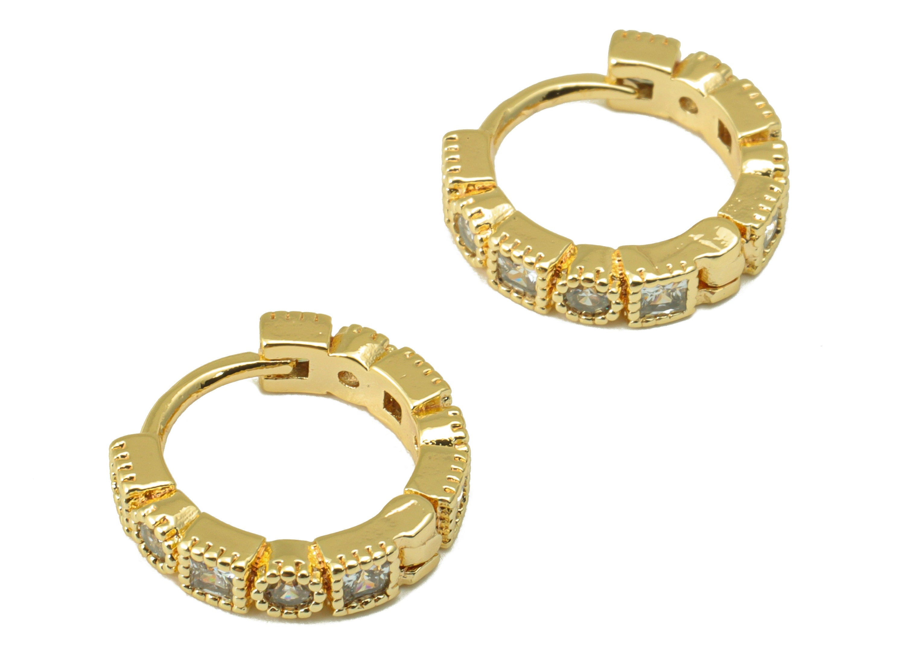 Brass Hoop Earring Clasp - Brass Square Textured Clasp -Mini Ring Cubic Zirconia Huggie Clasp -18K Real Gold Plated- 13.8x13x1.94mm -RGP6524 - DOMEDBAZAAR
