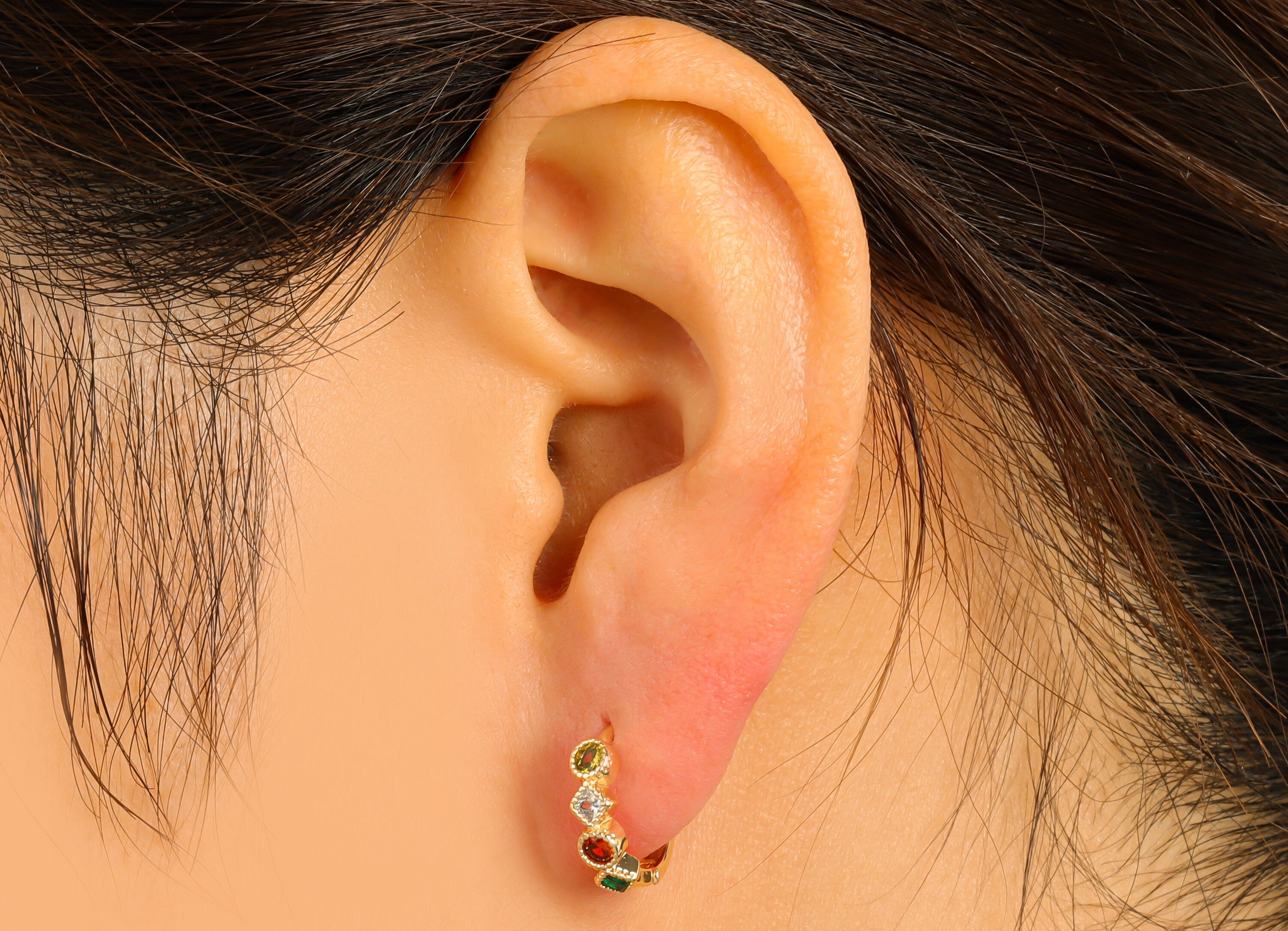 Brass Hoop Earring Clasp - Green Square Earring Clasp - Red Cubic Zirconia Huggie Clasp -Ring Clasp -18K Real Gold Plated-14x13x2mm -RGP6527 - DOMEDBAZAAR