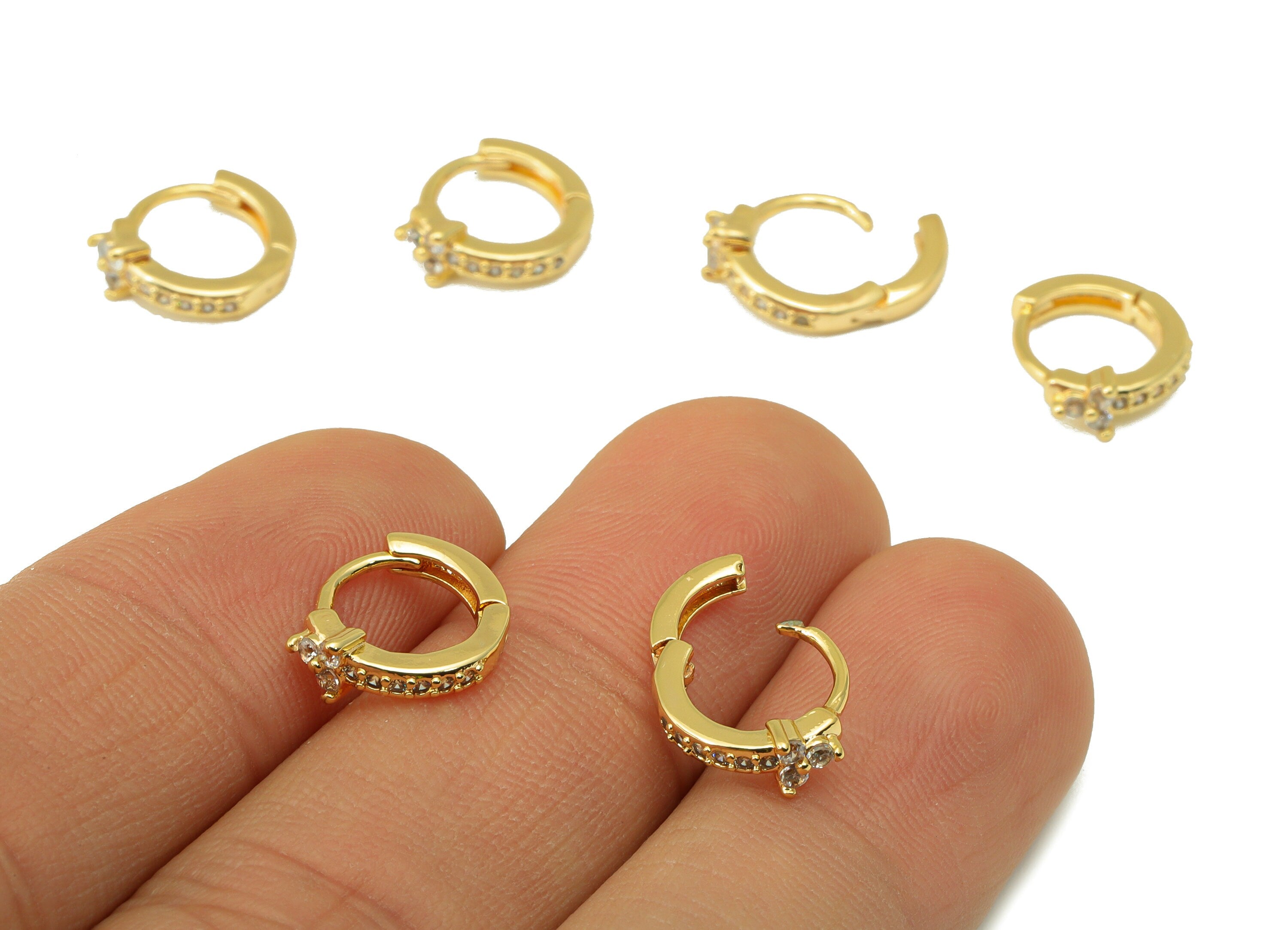 Brass Hoop Earring Clasp - Flower CZ Huggie Clasp - Round Cubic Zircon Hoop Clasp - Mini Ring Clasp -18K Real Gold Plated-12x10x3mm -RGP6548 - DOMEDBAZAAR