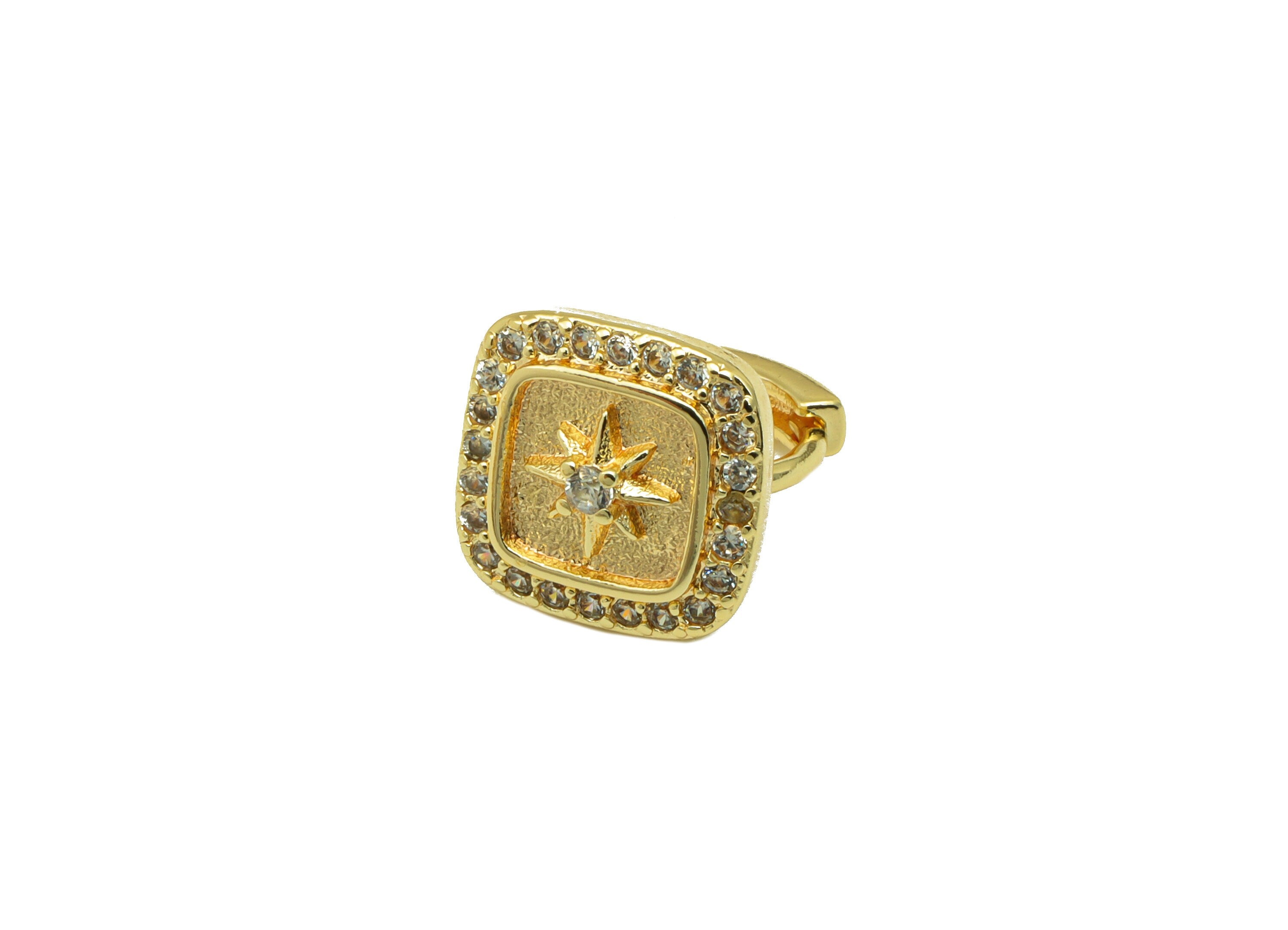 Brass Hoop Earring Clasp - Textured Square Clasp - Cubic Zircon Huggie Star - CZ Ring - 18K Real Gold Plated - 11.8x10.56x2.97mm - RGP6562 - DOMEDBAZAAR