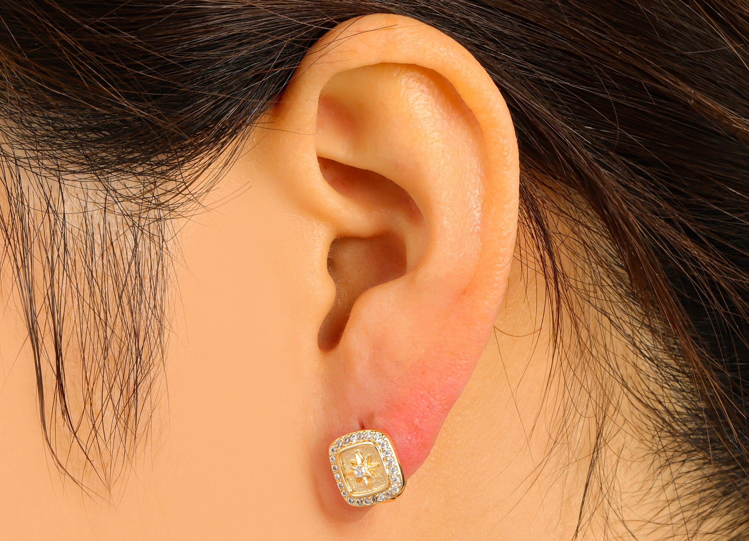 Brass Hoop Earring Clasp - Textured Square Clasp - Cubic Zircon Huggie Star - CZ Ring - 18K Real Gold Plated - 11.8x10.56x2.97mm - RGP6562 - DOMEDBAZAAR