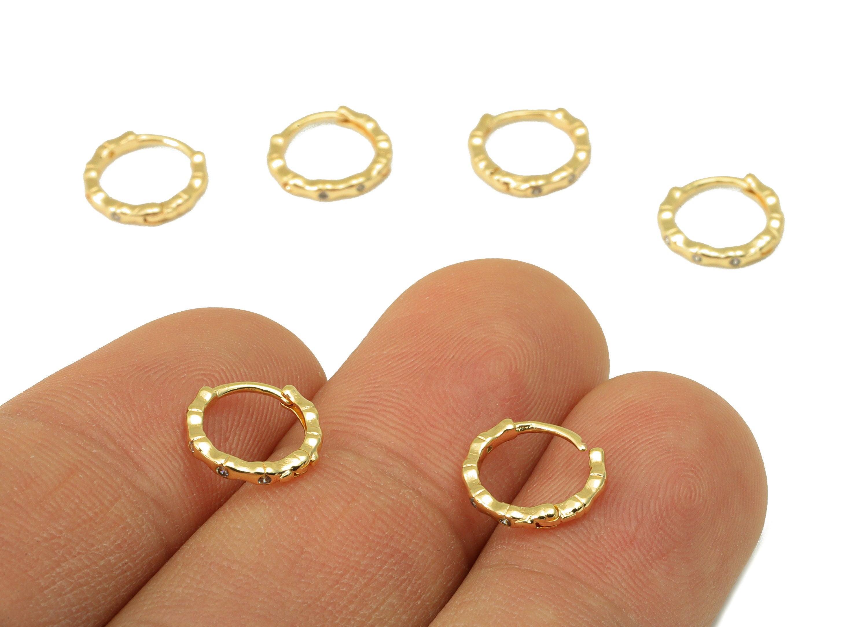 Brass Hoop Earring Clasp - Brass Bamboo Round Hoop Clasp -Cubic Zircon Huggie Hoop Clasp -18K Real Gold Plated -9.89x9.35x1.52mm- RGP6569 - DOMEDBAZAAR