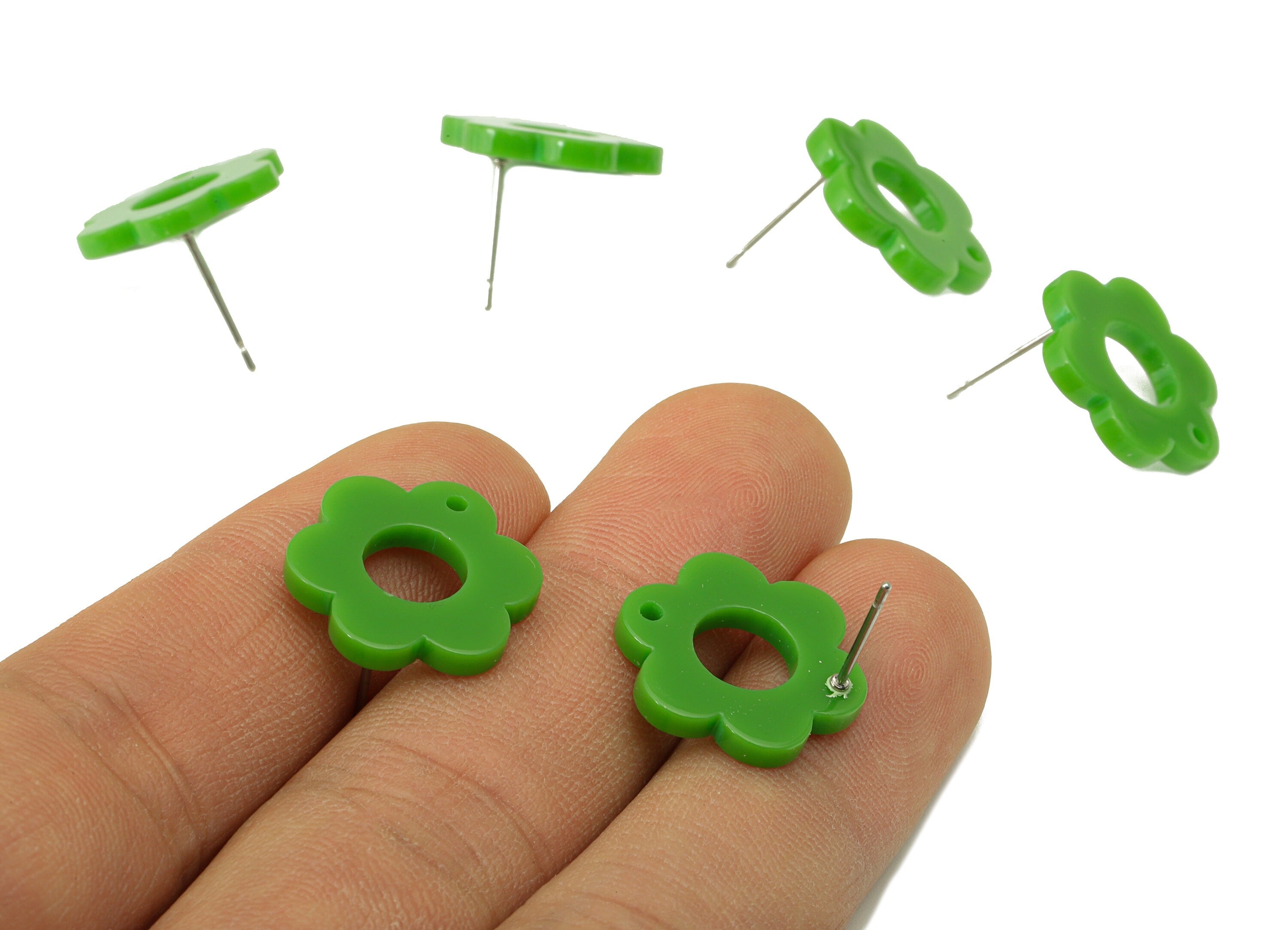 Acrylic Flower Earring Stud - Matte Green Earring Post - Green Flower Earring Post - Flower Ring - Color Code: A890-17x12x2mm-AC2428-A890 - DOMEDBAZAAR