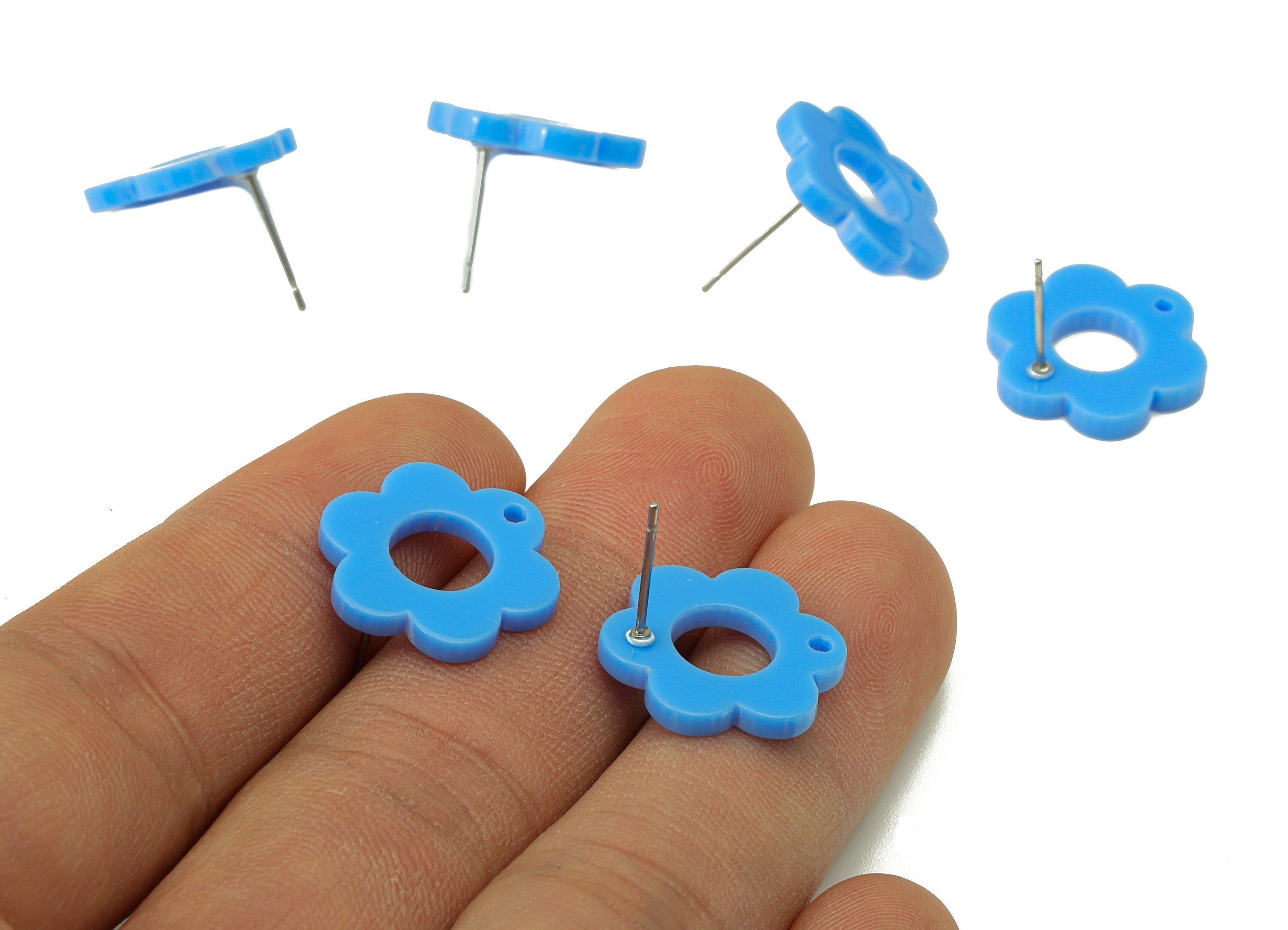Acrylic Flower Earring Stud - Matte Blue Earring Post - Blue Flower Earring Post - Flower Ring - Color Code: A722-17x12x2mm-AC2428-A722 - DOMEDBAZAAR