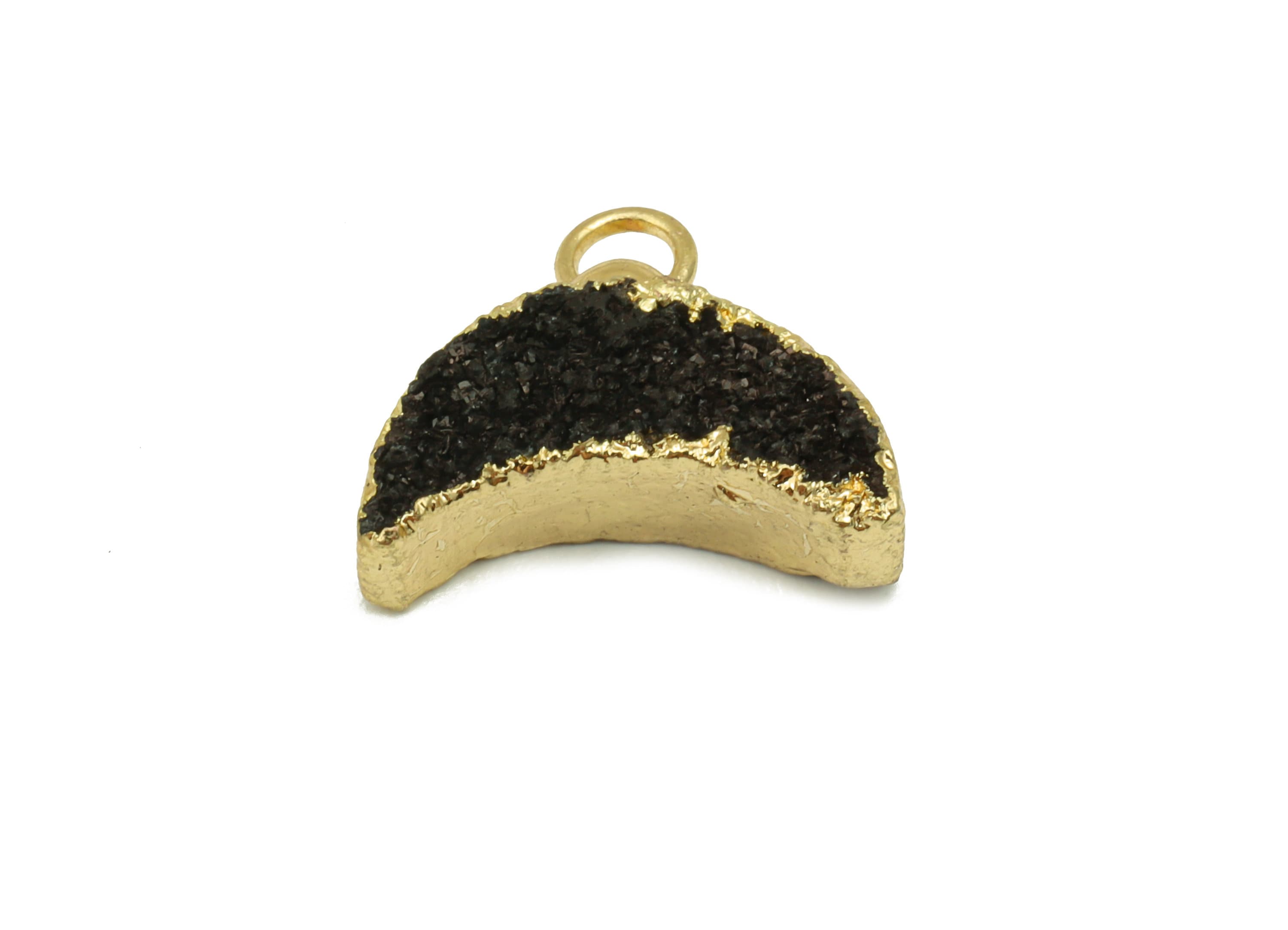 Black Cluster Crystal Druzy Earring Charms - Brass Crescent Pendant - Natural Stone - Gold Tone Plated Brass – 14.4x12.91x4.62mm – NS1680C - DOMEDBAZAAR