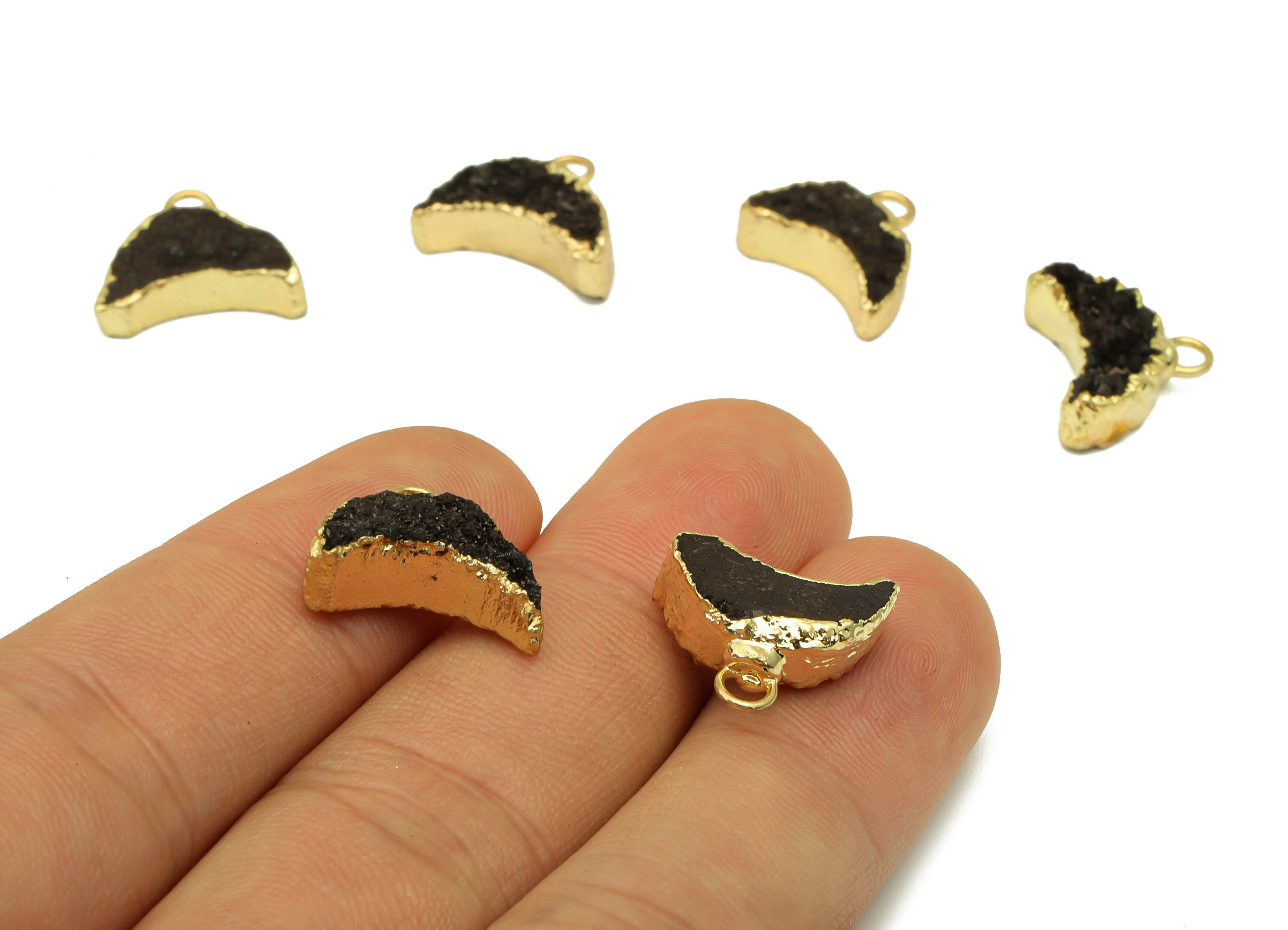 Black Cluster Crystal Druzy Earring Charms - Brass Crescent Pendant - Natural Stone - Gold Tone Plated Brass – 14.4x12.91x4.62mm – NS1680C - DOMEDBAZAAR