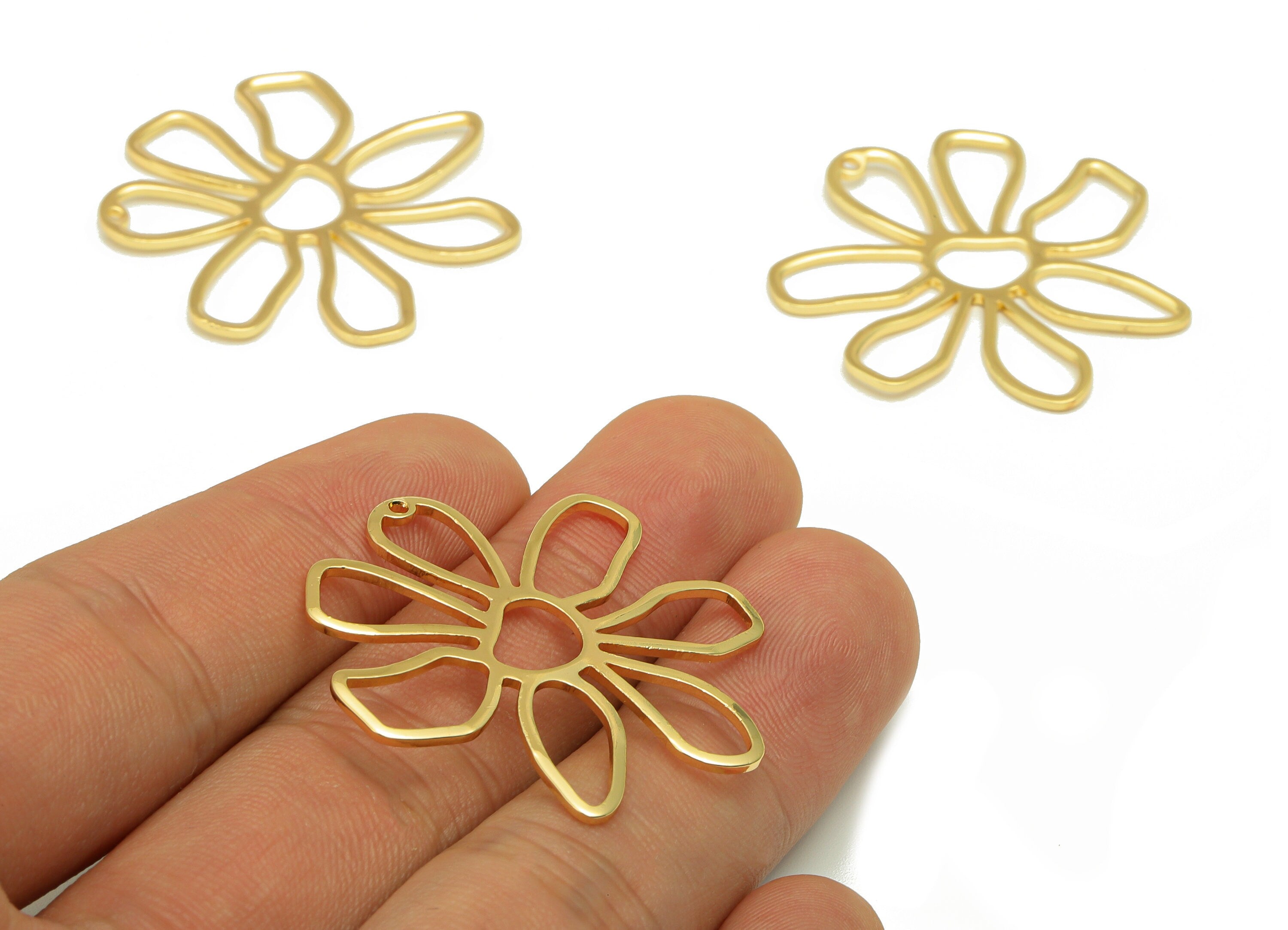 Brass Earring Charm - Flower Earring Charm - Brass Botanical Pendant - Floral Charm -18K Real Gold Plated -35x35x1mm - RGP6699 - DOMEDBAZAAR