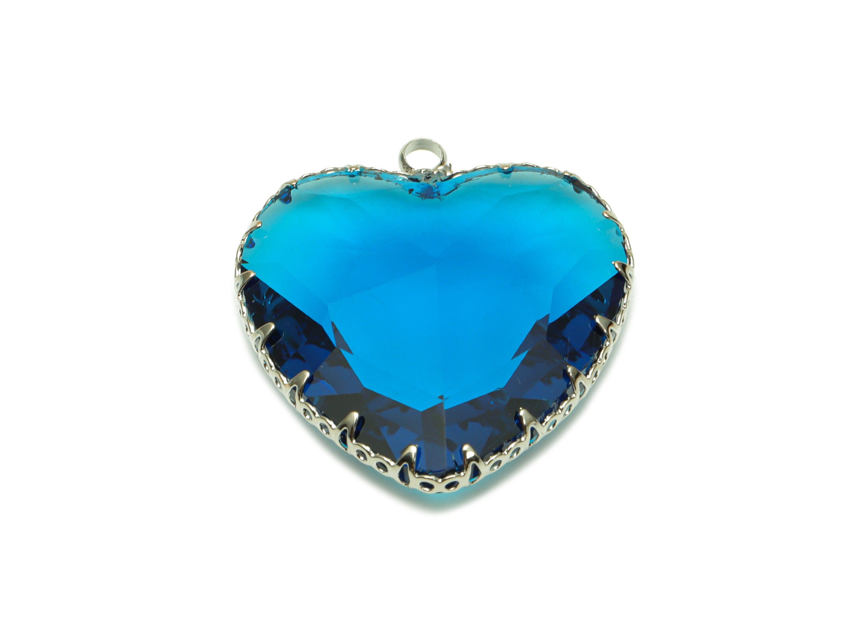 Faceted Glass Heart Charms - Blue Glass Heart Charm With Loop - Silver Tone Plated Brass Pendant - Modern Jewelry -31x27.94x9.64mm - GS1149G - DOMEDBAZAAR