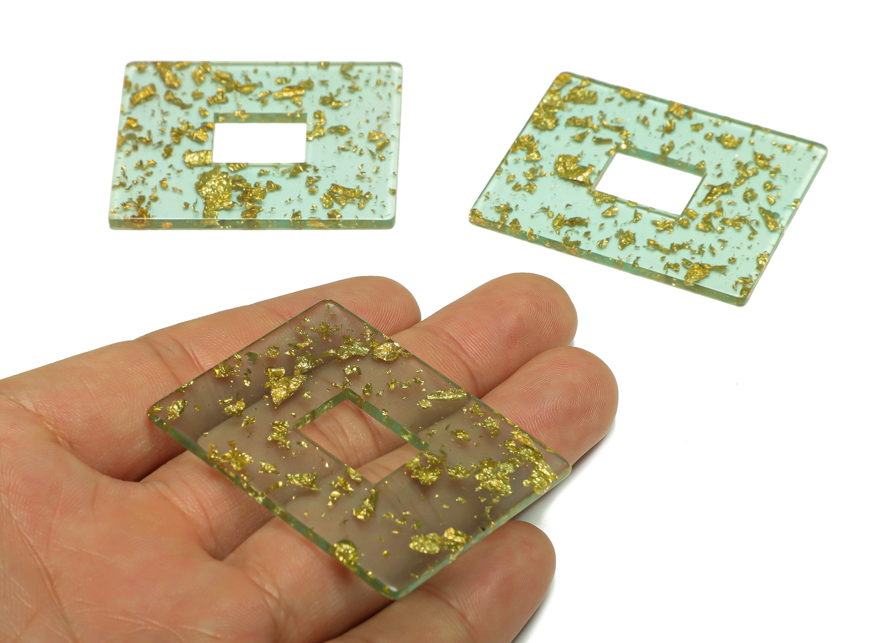 Acrylic Rectangle Charm - Transparent Gold Confetti Pendant - Big Rectangle Earring Charm - Code: A546 - 49x40x2mm - AC2614-A546 - DOMEDBAZAAR