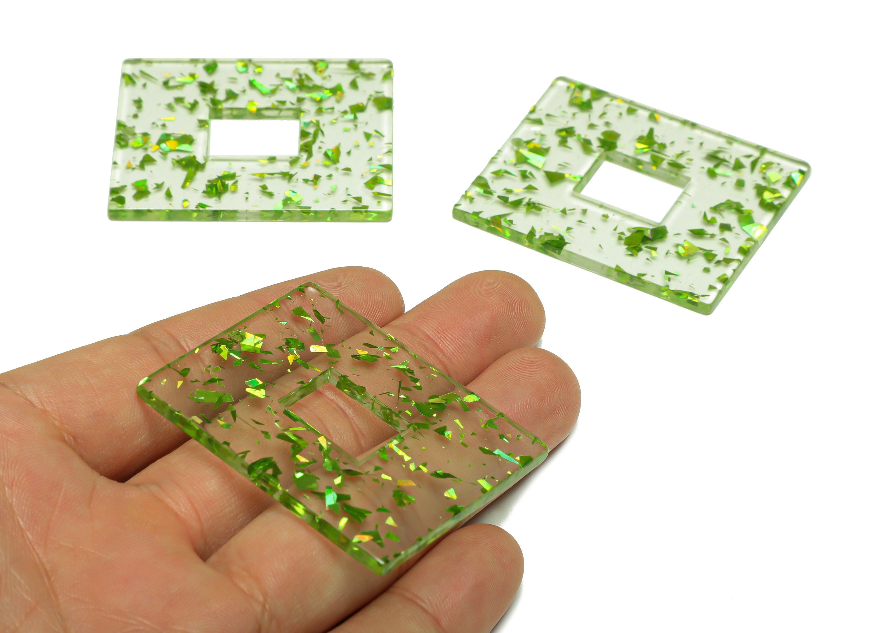 Acrylic Rectangle Charm - Green & Gold Confetti Pendant - Big Rectangle Earring Charm - Jewelry Making - Code: A547- 49x40x2mm - AC2614-A547 - DOMEDBAZAAR