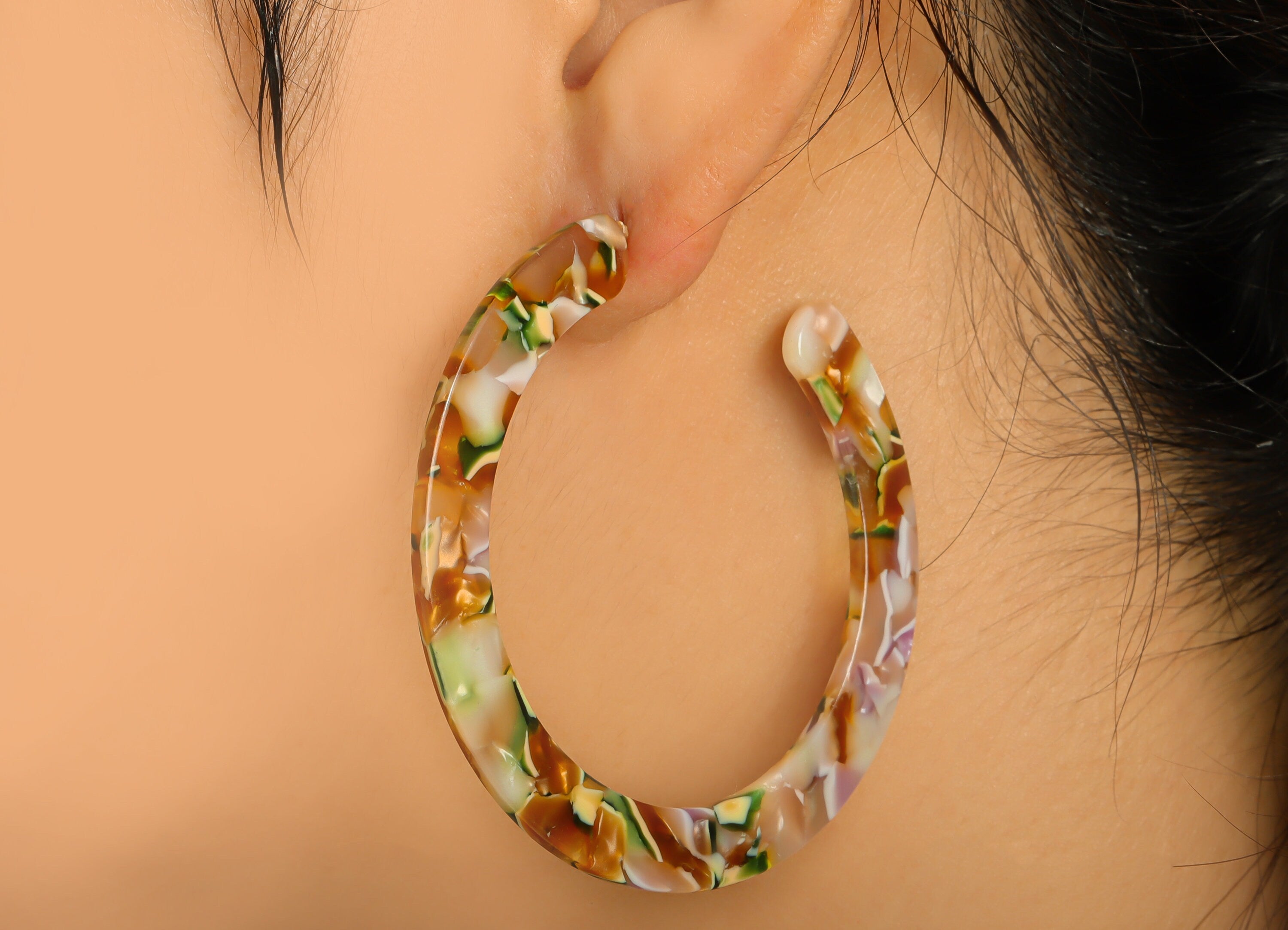 Acetate Open Hoop Earrings Stud - Acetate Hoop Earring -Acetate Round Earring Post - Open Circle - Color Code:537 - 61x60x2mm - AC2615-A537 - DOMEDBAZAAR