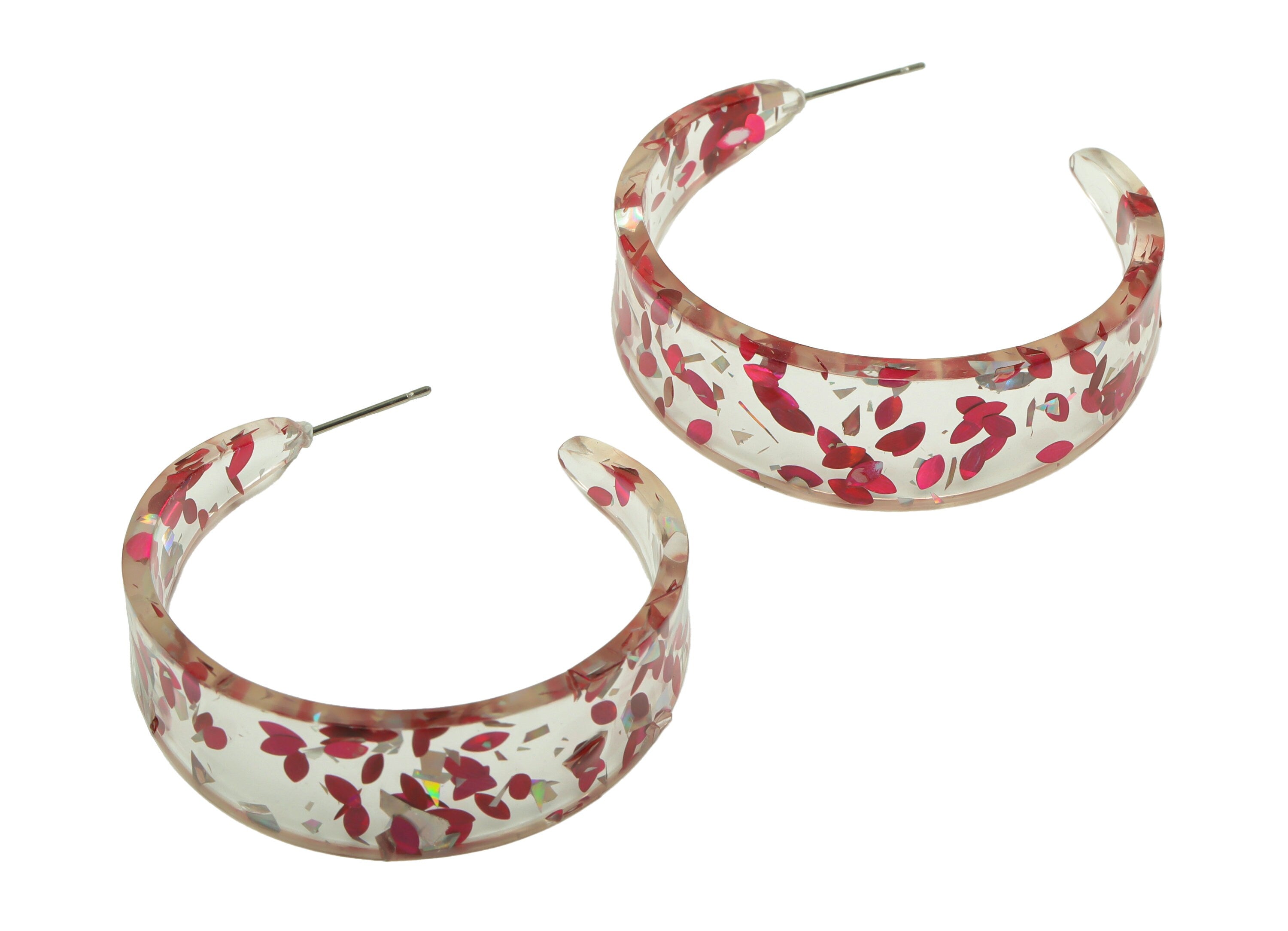 Acrylic Hoop Earrings Stud - Acrylic Wide Open Hoop Earring - Earring Post - Pink Foil & Confetti - Color Code:438- 43x43x3mm - AC2616-A438 - DOMEDBAZAAR