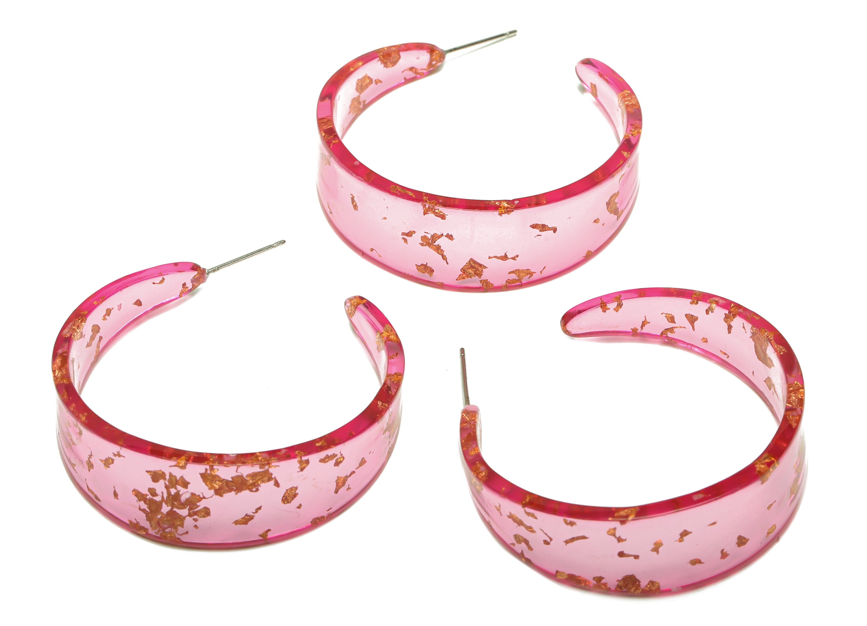 Acrylic Hoop Earrings Stud - Acrylic Wide Open Hoop Earring - Earring Post - Pink Foil & Confetti - Color Code:444- 43x43x3mm - AC2616-A444 - DOMEDBAZAAR