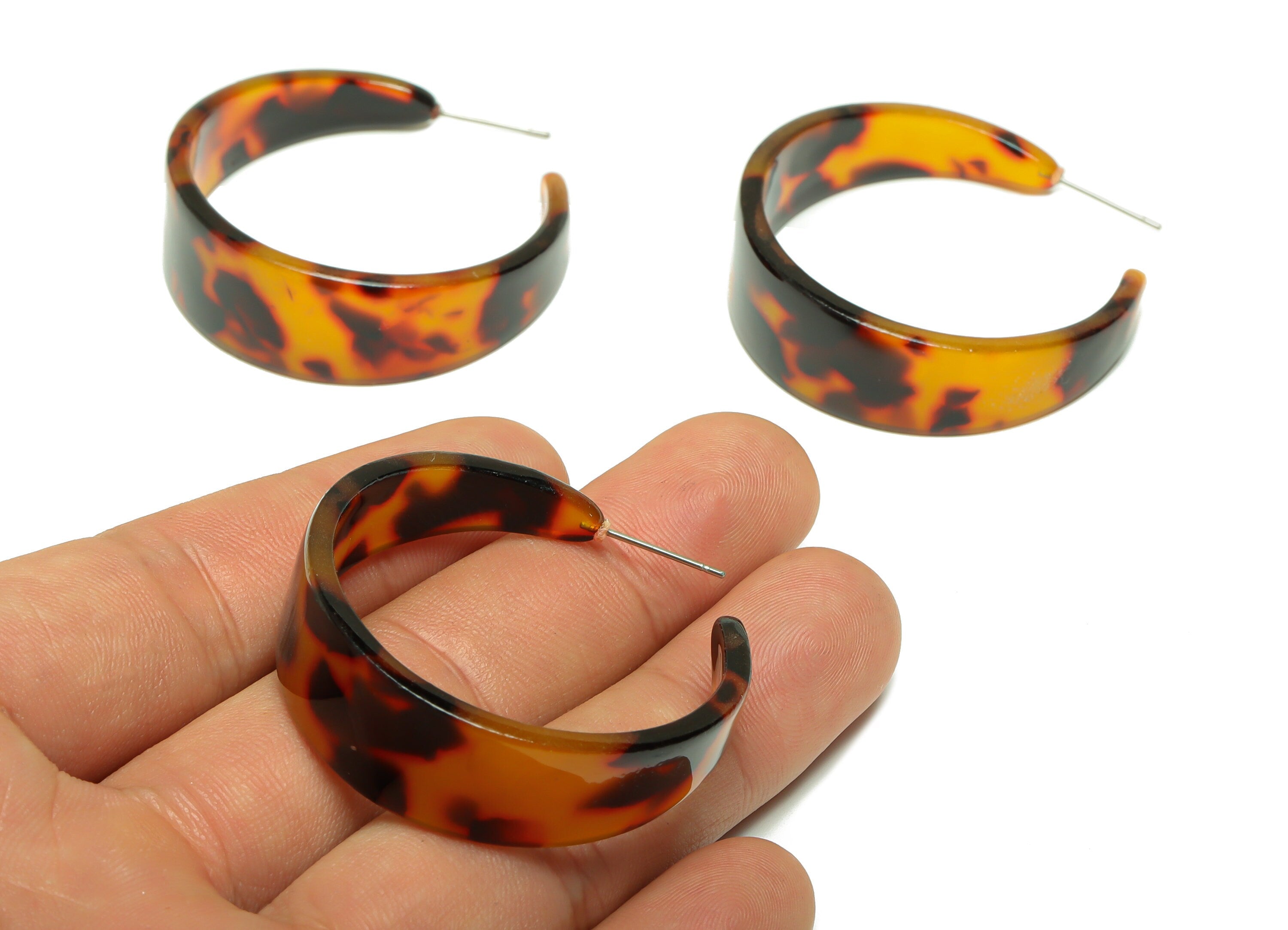 Acetate Hoop Earrings Stud -Acetate Wide Open Hoop Earring - Earring Post - Tortoise Shell Earring - Color Code:01- 43x43x3mm - AC2616-A01 - DOMEDBAZAAR