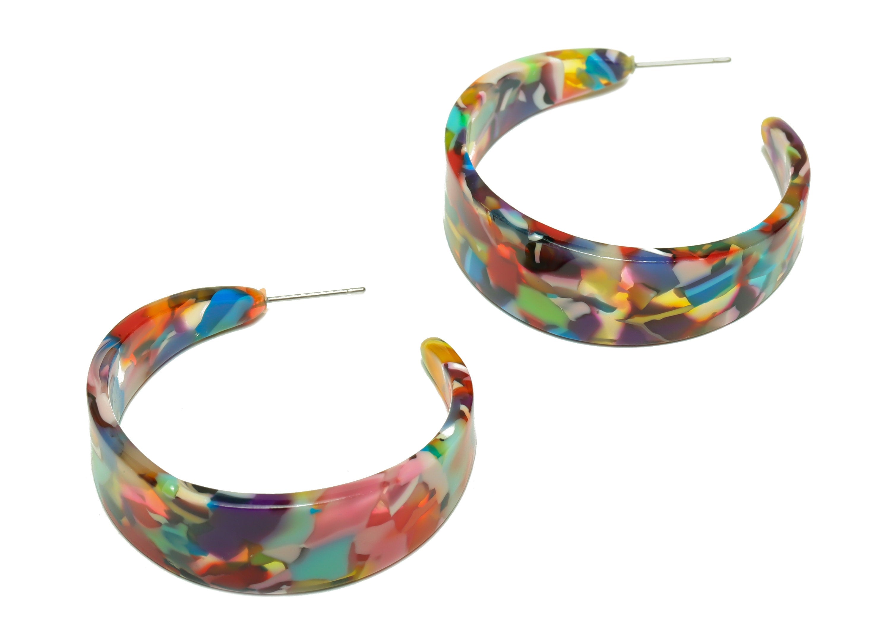 Acetate Hoop Earrings Stud -Acetate Wide Open Hoop Earring - Earring Post - Acetate Rainbow Stud - Color Code:21- 43x43x3mm - AC2616-A21 - DOMEDBAZAAR
