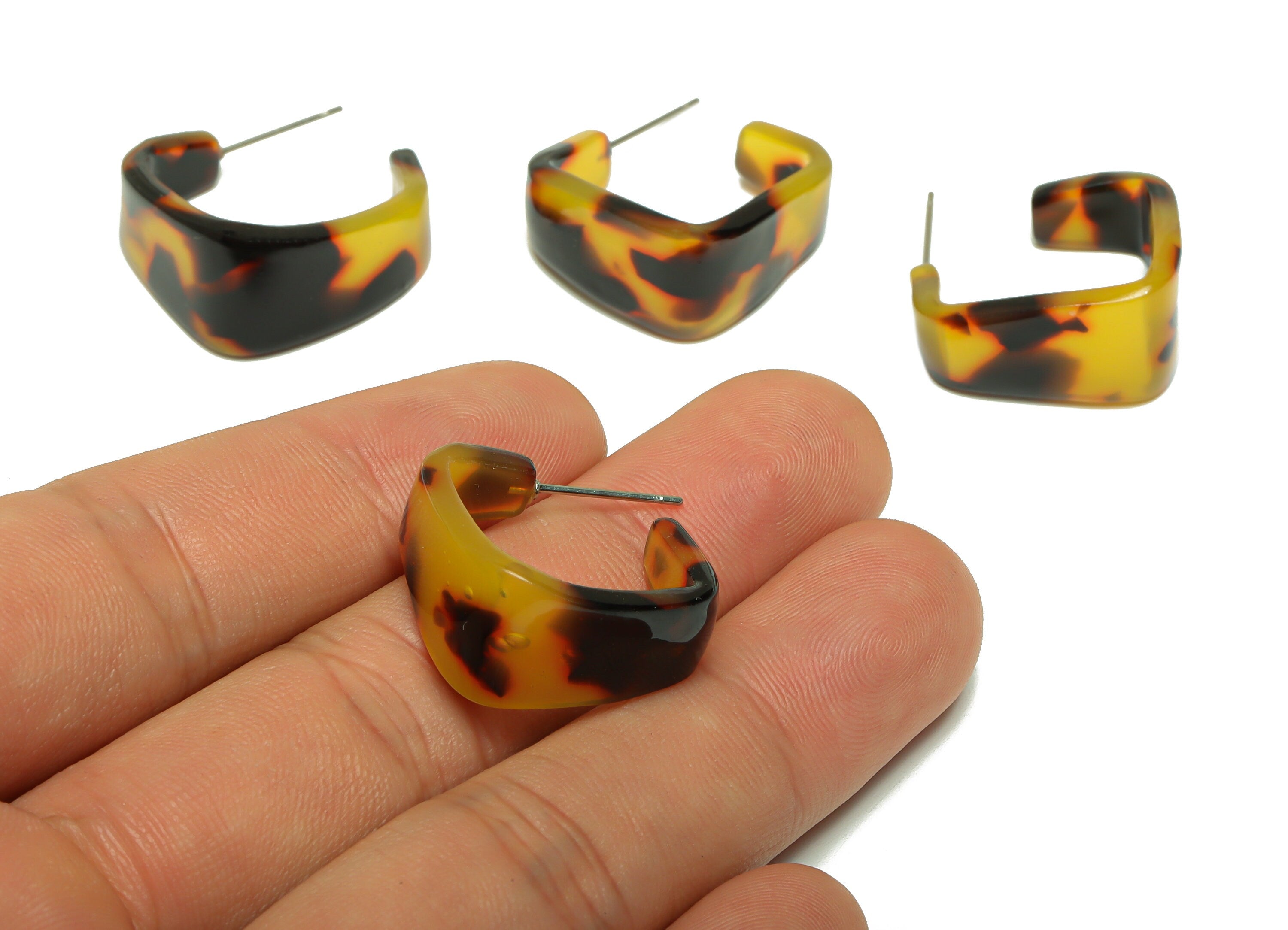 Acetate Hoop Earrings Stud - Acetate Wide Tortoise Shell Earring Earring - Square Earring Post - Color Code:496- 26x21x2.8mm - AC2617-A496 - DOMEDBAZAAR