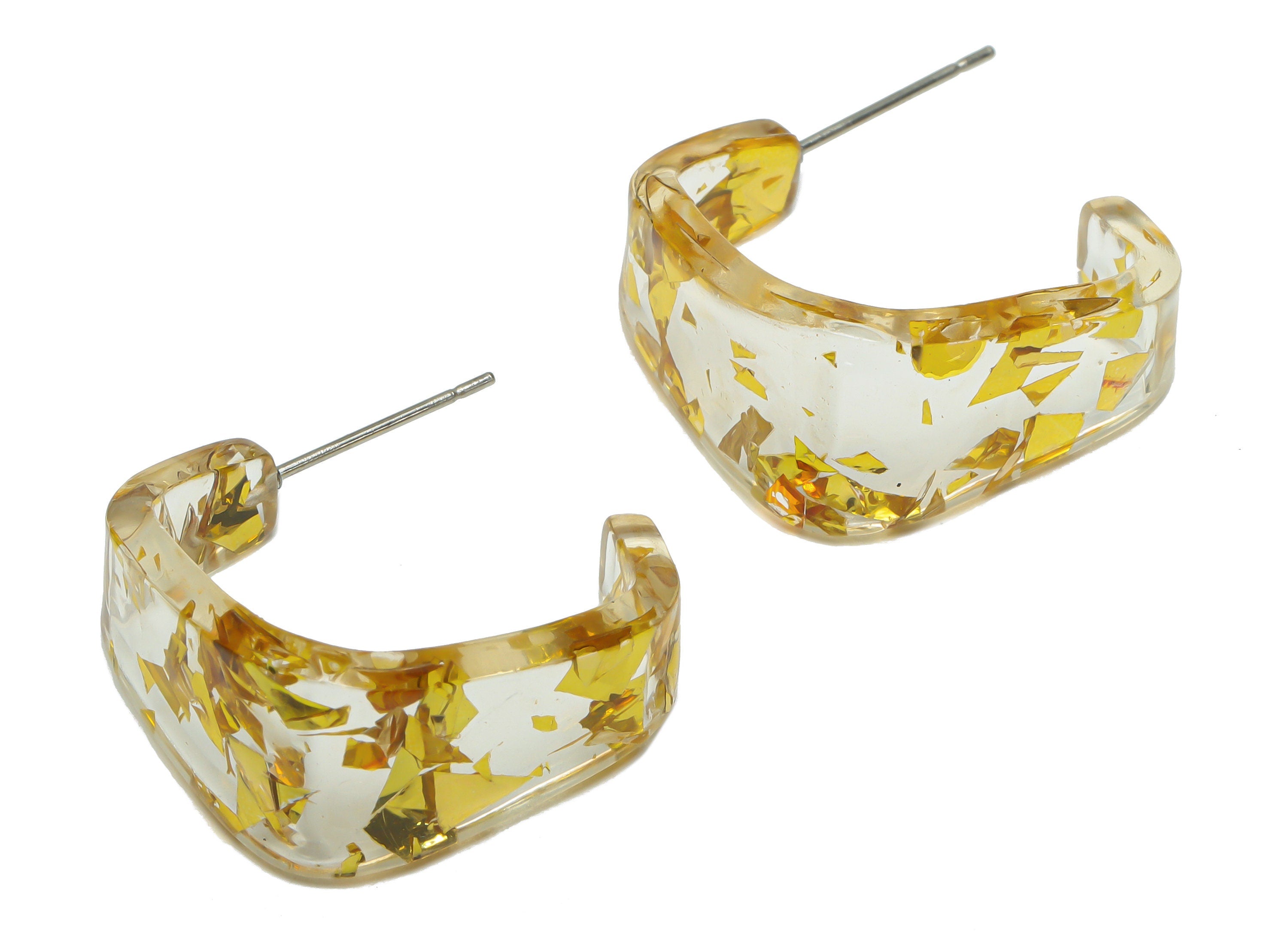 Acrylic Hoop Earrings Stud - Acrylic Wide Gold Foil & Confetti Earring - Square Earring Post - Color Code:978- 26x21x2.8mm - AC2617-A978 - DOMEDBAZAAR
