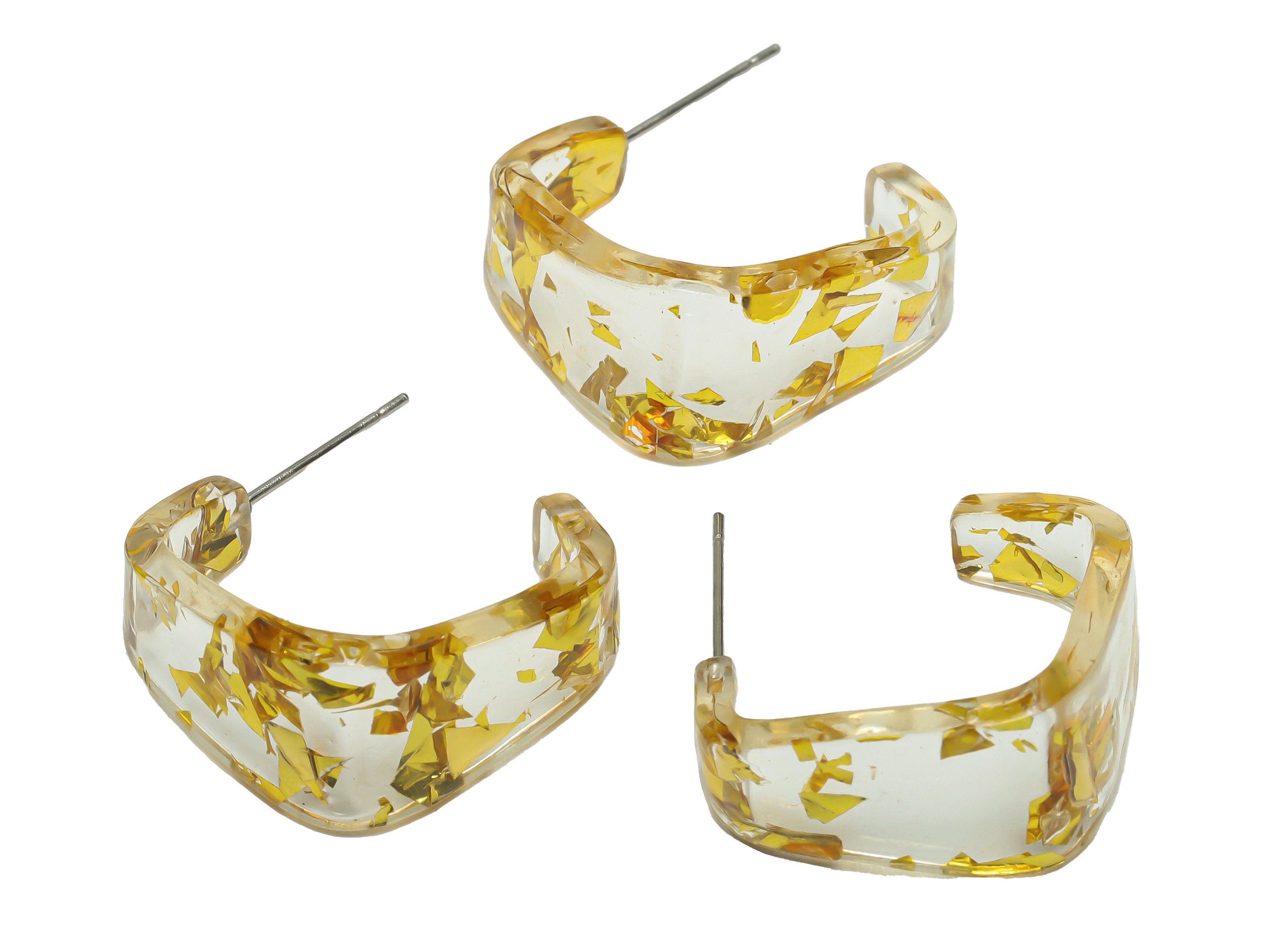 Acrylic Hoop Earrings Stud - Acrylic Wide Gold Foil & Confetti Earring - Square Earring Post - Color Code:978- 26x21x2.8mm - AC2617-A978 - DOMEDBAZAAR