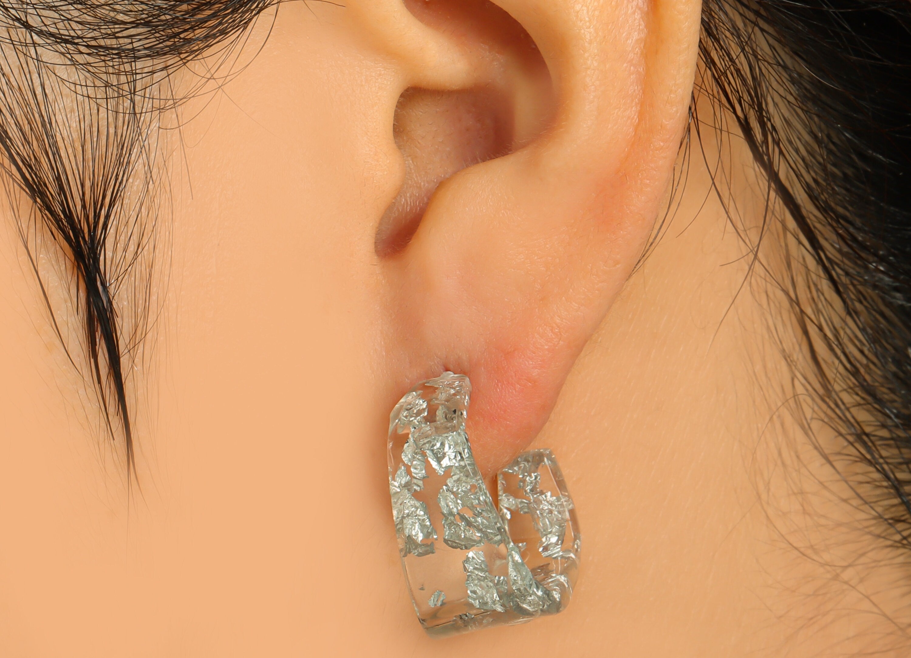 Acrylic Hoop Earrings Stud - Acrylic Wide Foil & Confetti Earring - Square Earring Post - Color Code:254- 26x21x2.8mm - AC2617-A254 - DOMEDBAZAAR