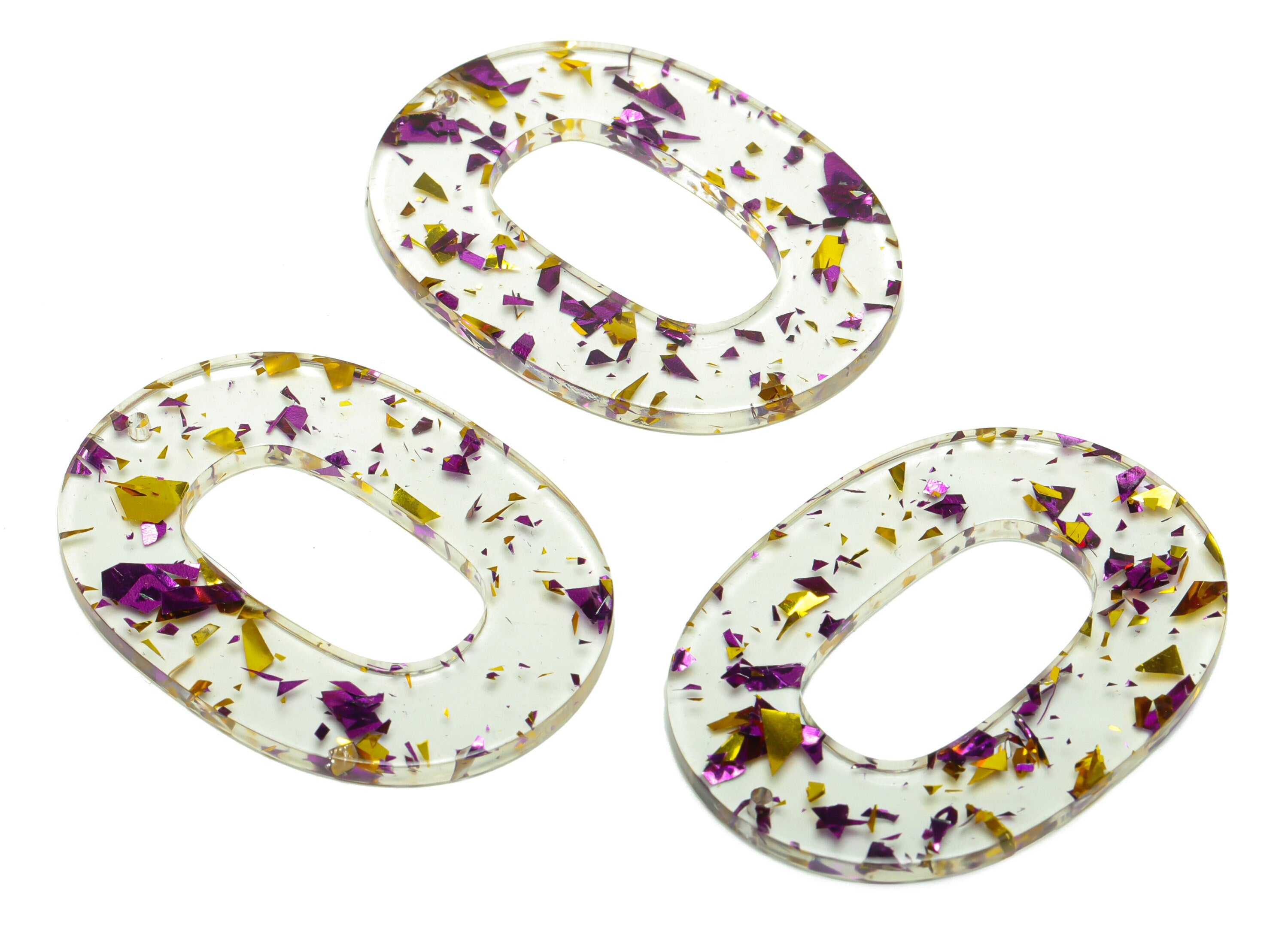 Acrylic Oval Charms - Earrings and Pendant - Purple Confetti Gold Foil Transparent Earring Charm - Color Code:A388 - 47x34x2mm - AC2618-A388 - DOMEDBAZAAR