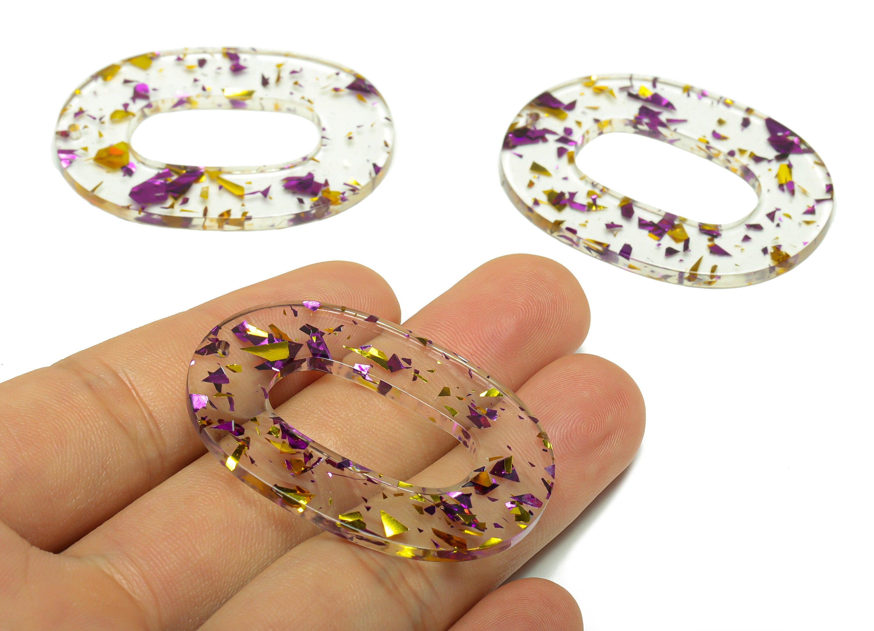 Acrylic Oval Charms - Earrings and Pendant - Purple Confetti Gold Foil Transparent Earring Charm - Color Code:A388 - 47x34x2mm - AC2618-A388 - DOMEDBAZAAR